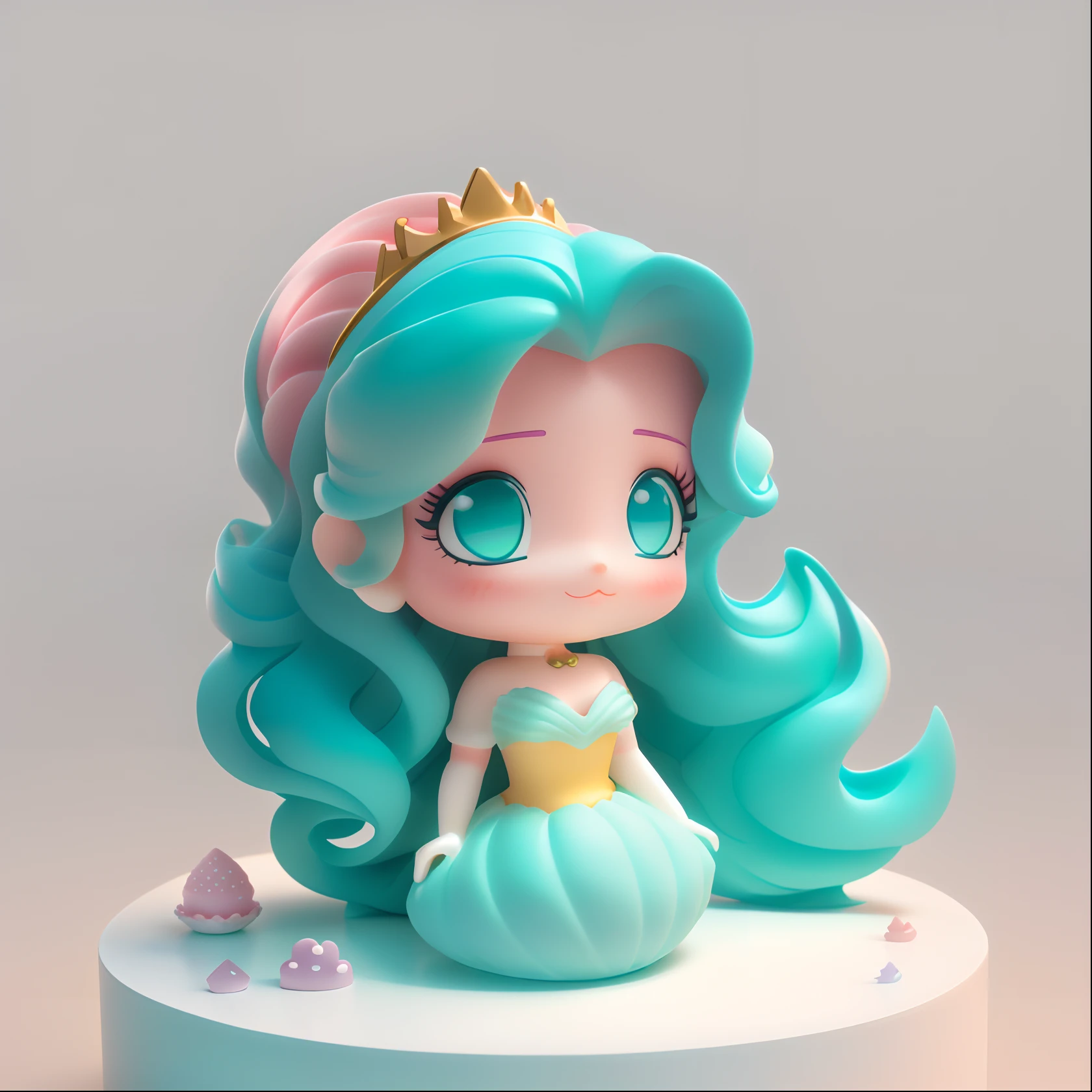 Disney Little Mermaid Doll Model Toy Figurine,white backgrounid，Dreamy and cute hair accessories, Popmart blind box, IP design, tchibi, Macaron color,solid color backdrop, clean backdrop, resin, Exciting, 3D rendering of , oc rendered, 8K, Soft focus, Super details with fine gloss ,