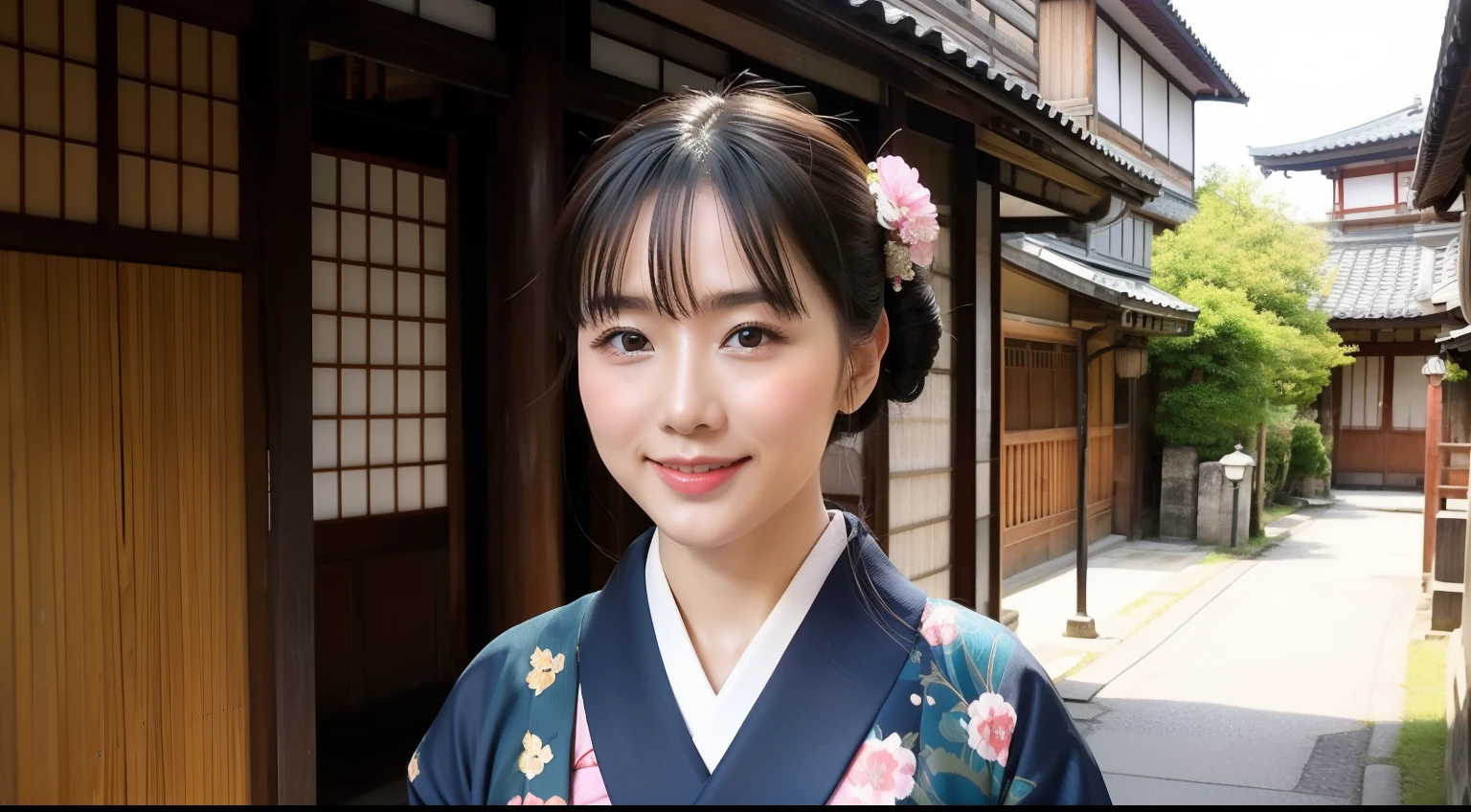The background is an old townscape,Kimono appearance,Japan Beauty