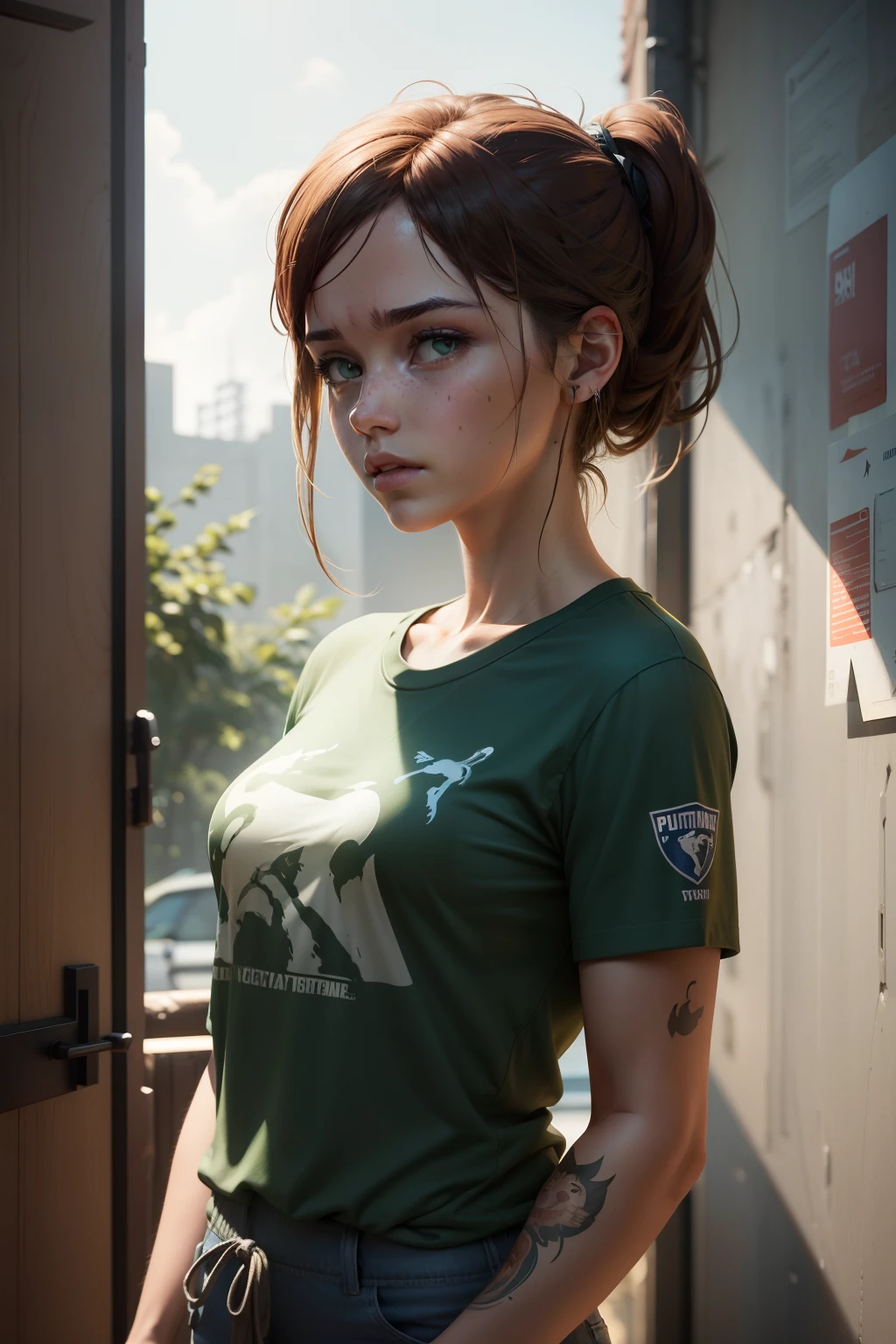 "Create a realistic visual representation of the fictional character Ellie from the PlayStation game 'The Last Of Us', keeping the same look true to the game. A personagem deve estar vestindo uma camisa verde escura de time de futebol da marca Puma. The shirt must have the distinctive Puma symbol. Ademais, no peito da camisa, insert the letter 'P' with a beautiful font and a white circle around it. The image should be rendered with graphics similar to those of the video game, preserving the iconic details and style of the character Ellie, while incorporating the elements of the Puma shirt and brand sponsorship."