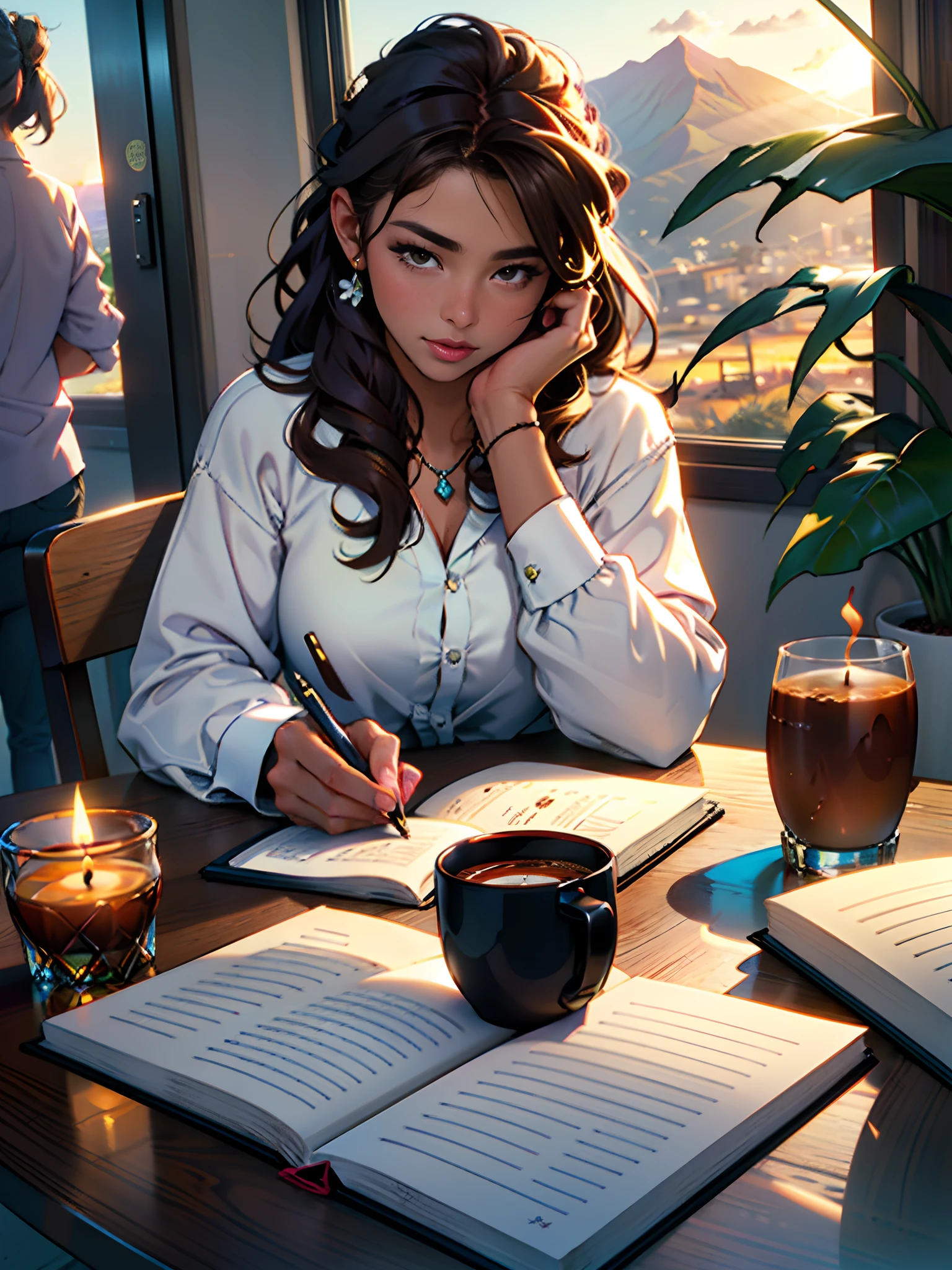 Beautiful woman with brown hair, fair skin, loose hair, sitting at the table, having a cup of coffee, writing in a notebook. On the table has a candle accesses, a cup of coffee, some flowers. Through the window it is possible to observe the sunset Hawaii Lahaina illuminates the whole environment.