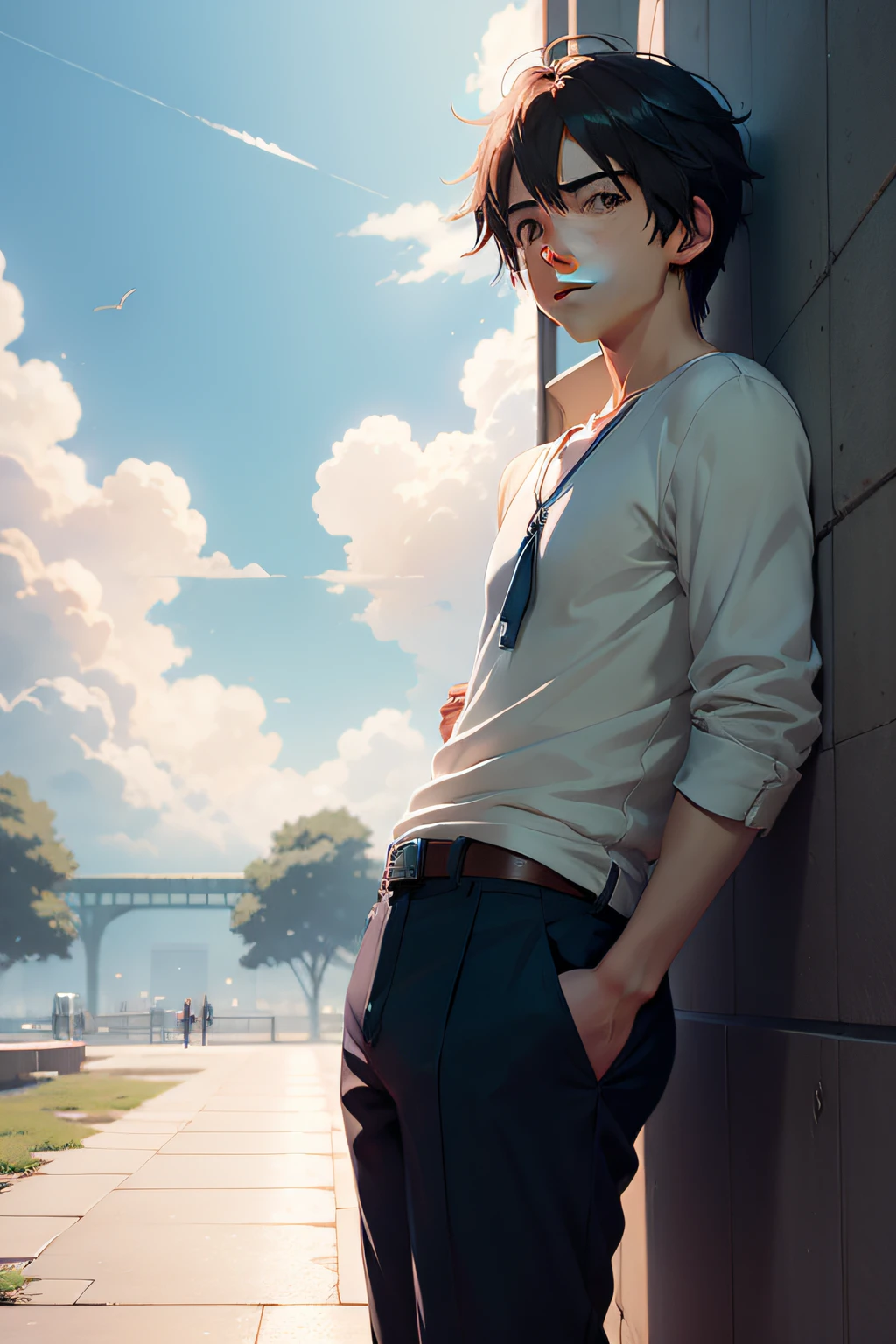 /imagine prompt: Suddenly, A breeze blew through,A boy's gaze fell on me, author:Makoto Shinkai - Niji 5