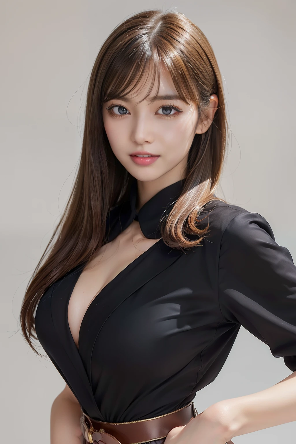 1girl in, beautiful vintage color, Instagram (Photorealistic, High resolution:1.4), Looking at Viewer, Full body (8K, Raw photo, (huge tit),masutepiece:1.2), (Realistic, Photorealsitic:1.37), (Sharp Focus:1.2), Professional Lighting, Photon mapping, Radio City, Physically-based rendering, (pale skin:1.2), (Small breasts:1.2), Looking at Viewer,Brown hair、 (Middle hair:1.5), Portrait, Brown eyes, (sliver hair:1.1), Bangs, (Simple background:1.4), Solo, Upper body, Realistic, (Shiny skin), fashi-girl, makeup, Smile(skinny, Closed mouth, Shy :1.3), (Standing, Black stewardess uniform, A Necromancer:1.1), Medium bust, Sexy Pose, Best Quality, (masutepiece:1.4), (Best Quality:1.4),(((beautiful countenance))),(((big eye))),(((Beautiful eyes))),(((long lashes))),((Beautiful teeth alignment)),