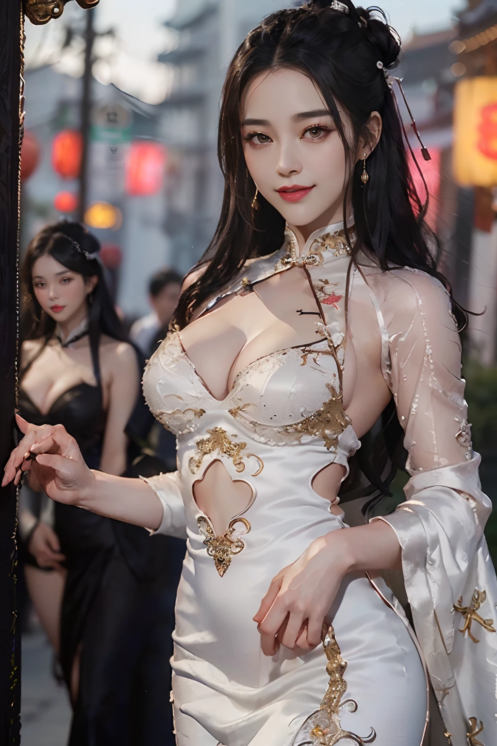 ((Best Quality, 8K, Masterpiece: 1.3)), cowboy shot, extremely Cute Beautiful Woman, 1 Girl, (Beautiful Breasts:1.3), (Abs, Slender Figure: 1.1), Sharp Focus, (((Intricate Details)), High Detail, Upper Body, One Girl, Black twin-buns Hair with bangs, chinese kanzashi, (white luxury satin cleavage cut-out evening Chinese dress:1.5), lace, detailed evening dress, 8K, 8K Resolution, clean detailed face, Detailed Body, Detailed Clothes, Sharp Images, hyper-sharp image, Japan Anime Concept Art, trending on Artstation, ((looking the viewer, facing the viewer, staring the viewer:1.3)), seductive sexy pose, ((seductive smile, light smile:1.25)), pink lipstick, bokeh, field of depth, 8.5 life size, 8k resolution, (shot on EOS 5D Mark IV, 35mm lens, f1.8), (ancient Chinese Street Background, no-human simple background, detailed background), ((frame the head:1.3), detailed human hands, perfect human hands, perfect anatomy, perfect proportion, ultra-sharp focus,