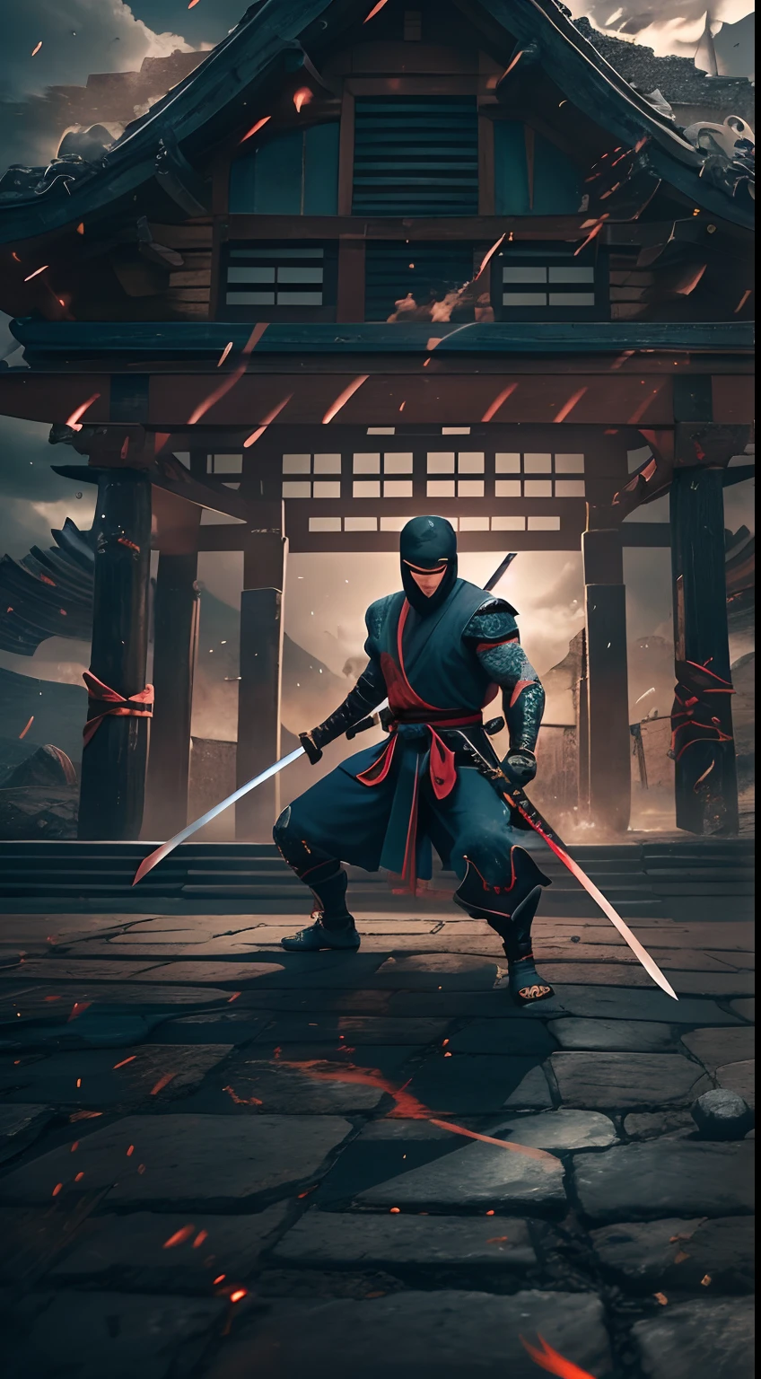 (8k), Ultra resolution 8K, Stunning illustration of a ninja hero. Warrior Prince,Traje legendario , Ninja Athletic Body, shurikens plateados. ((sostiene una katana de batalla)), Ninja stars in cinematic lighting of the air,action pose, agregar efecto al final,Mythical background, action scene , Shurikenen el aire