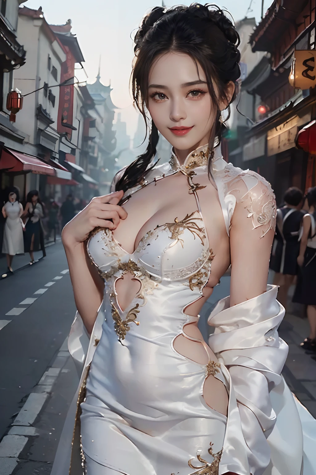 ((Best Quality, 8K, Masterpiece: 1.3)), cowboy shot, extremely Cute Beautiful Woman, 1 Girl, (Beautiful Breasts:1.3), (Abs, Slender Figure: 1.1), Sharp Focus, (((Intricate Details)), High Detail, Upper Body, One Girl, Black twin-buns Hair with bangs, chinese kanzashi, (white luxury satin cleavage cut-out evening Chinese dress:1.5), lace, detailed evening dress, 8K, 8K Resolution, clean detailed face, Detailed Body, Detailed Clothes, Sharp Images, hyper-sharp image, Japan Anime Concept Art, trending on Artstation, ((looking the viewer, facing the viewer, staring the viewer:1.3)), seductive sexy pose, ((seductive smile, light smile:1.25)), pink lipstick, bokeh, field of depth, 8.5 life size, 8k resolution, (shot on EOS 5D Mark IV, 35mm lens, f1.8), (ancient Chinese Street Background, no-human simple background, detailed background), ((frame the head:1.3), detailed human hands, perfect human hands, perfect anatomy, perfect proportion, ultra-sharp focus,