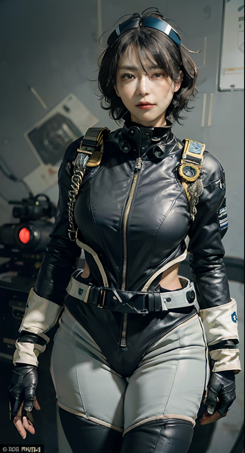Highest image quality, outstanding details, ultra-high resolution, (realism: 1.4), ((full body:0.5)), the best illustration, favor details, highly condensed 1girl, with beautiful and a delicate face, (wearing racing suit likes police uniform, black and gray mecha, wearing a night-vision goggle, military harness, holding a machinegun), background simple grey wall,