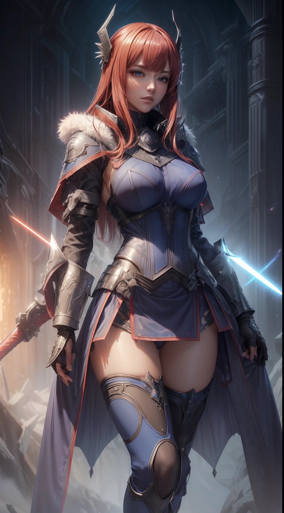 bright ultramarine blue futuristic demon warrior (queen) girl in coverall armored suit (((skirt))) (((mantle))) with sword, (fluffy fur mantle), magic, ((lacy)), futurism, cyberpunk, silk, fur, (stockings), (decollete), navel, natural breasts, slim body, zettai ryouiki, ((((medium length dull scarlet hair)))), dull red hair, (beautiful detailed bright magenta eyes), portrait, (beautiful and aesthetic:1.2, fractal art:1.4), most realistic, hyper-realistic, RAW, highest quality, best quality, Detailed, Realistic, 4k highly detailed digital art, octane render, bioluminescent, (cool_color), best pixels, 8k ultra, extremely detailed CG unity 8k wallpaper, cinematic lighting
