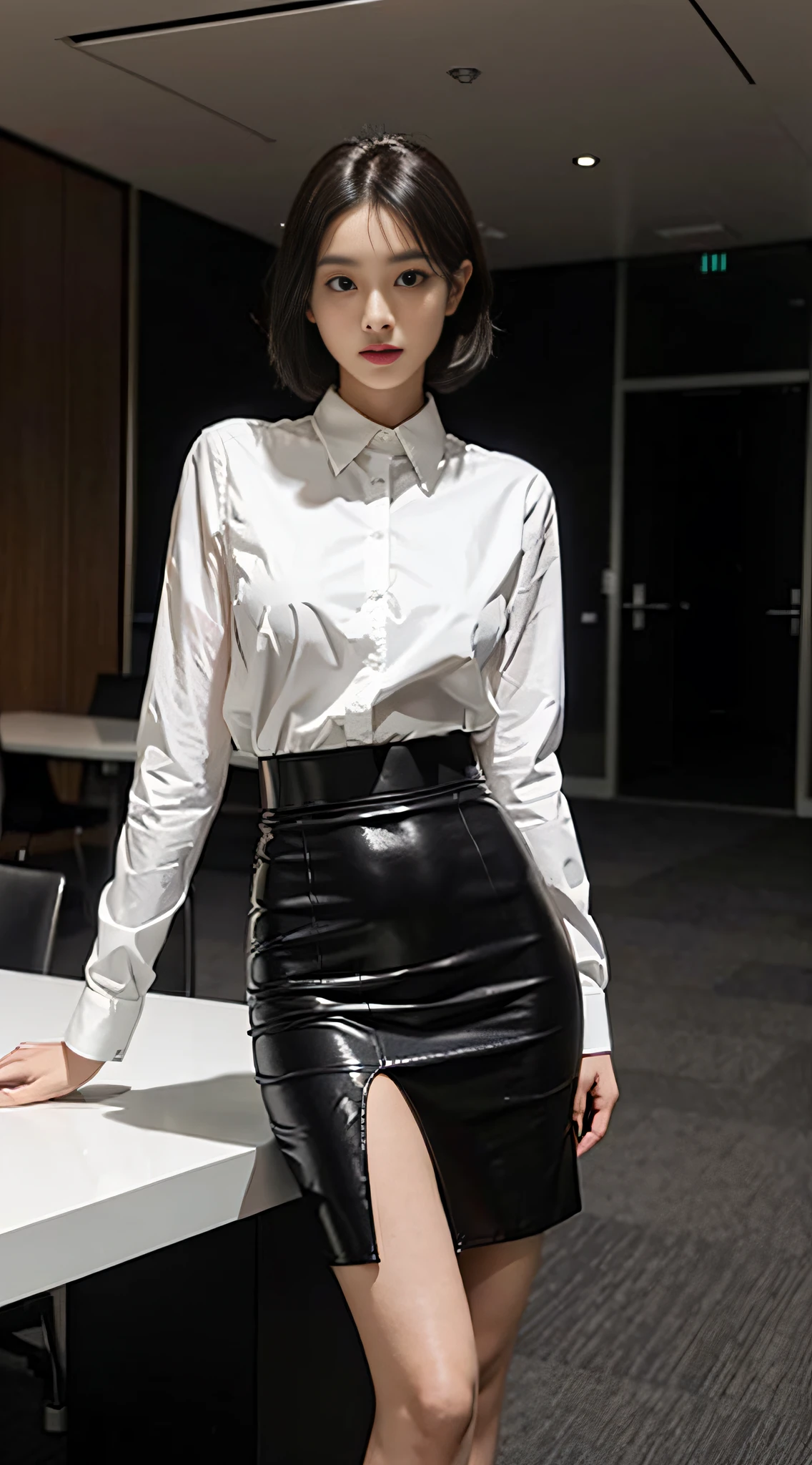 Beautiful female secretary、Business Wear、White blouses、Black tight skirt、slim figure、Oversized bust、Slim Girl Model、24歳の女性モデル、long legged、Alone in a conference room、Short hair,