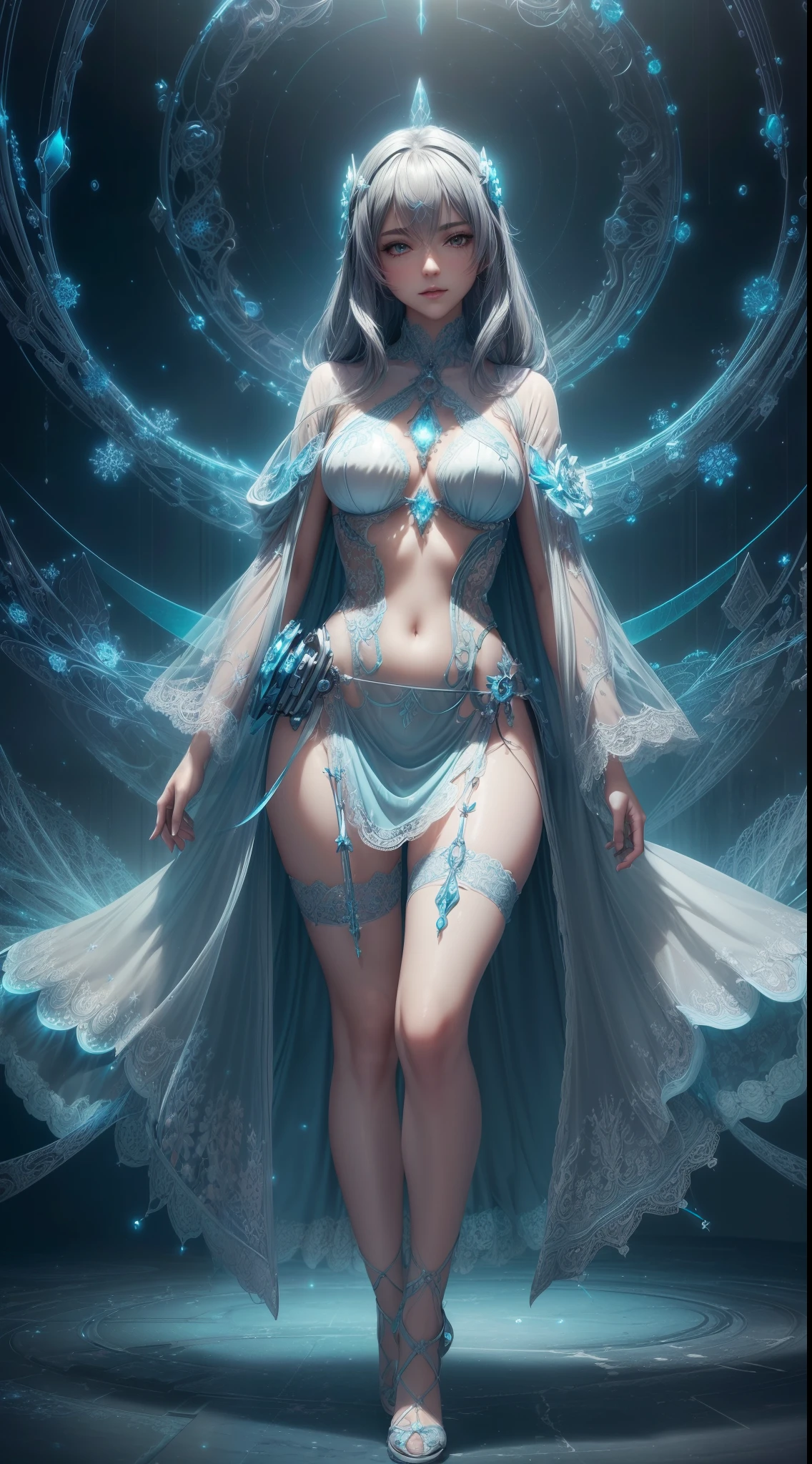 cyan futuristic fairy priestess girl in coverall armored suit (((skirt))) (((robe))) with pendant necklace, (layered robe), magic, ((lacy)), futurism, cyberpunk, silk, fur, (stockings), (decollete), navel, natural breasts, slim body, zettai ryouiki, ((((medium length dull hair)))), dull hair, (beautiful detailed bright light eyes), portrait, (beautiful and aesthetic:1.2, fractal art:1.4), most realistic, hyper-realistic, RAW, highest quality, best quality, Detailed, Realistic, 4k highly detailed digital art, octane render, bioluminescent, (cool_color), best pixels, 8k ultra, extremely detailed CG unity 8k wallpaper, cinematic lighting