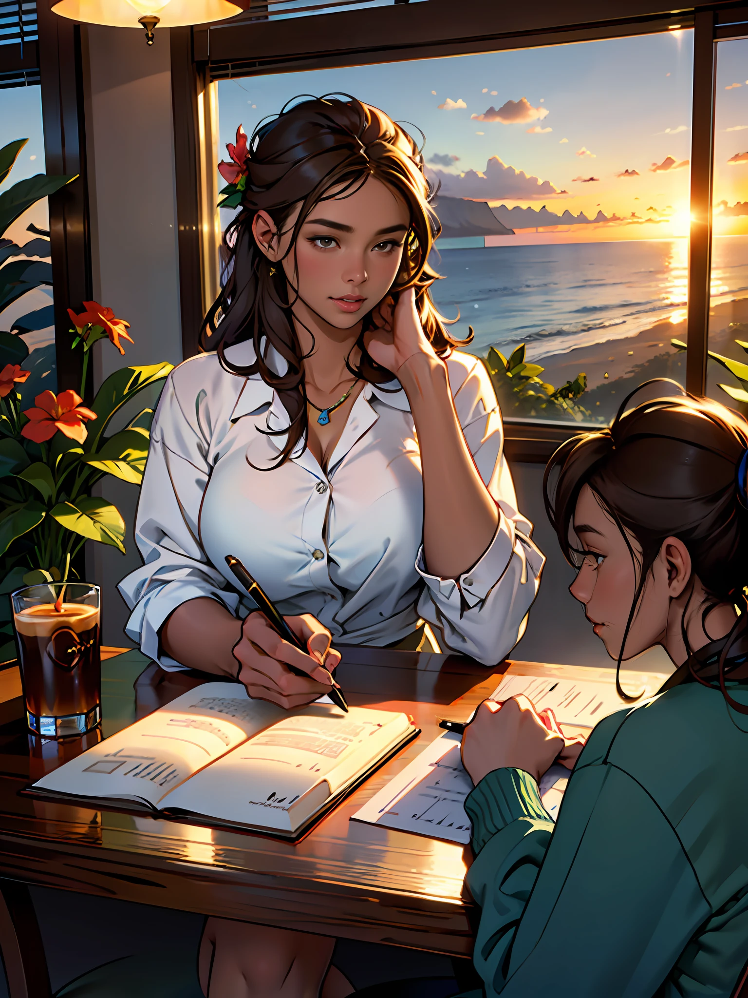 Beautiful woman with brown hair, fair skin, loose hair, sitting at the table, having a cup of coffee, writing in a notebook. On the table has a candle accesses, a cup of coffee, some flowers. Through the window it is possible to observe the sunset Hawaii Lahaina illuminates the whole environment.