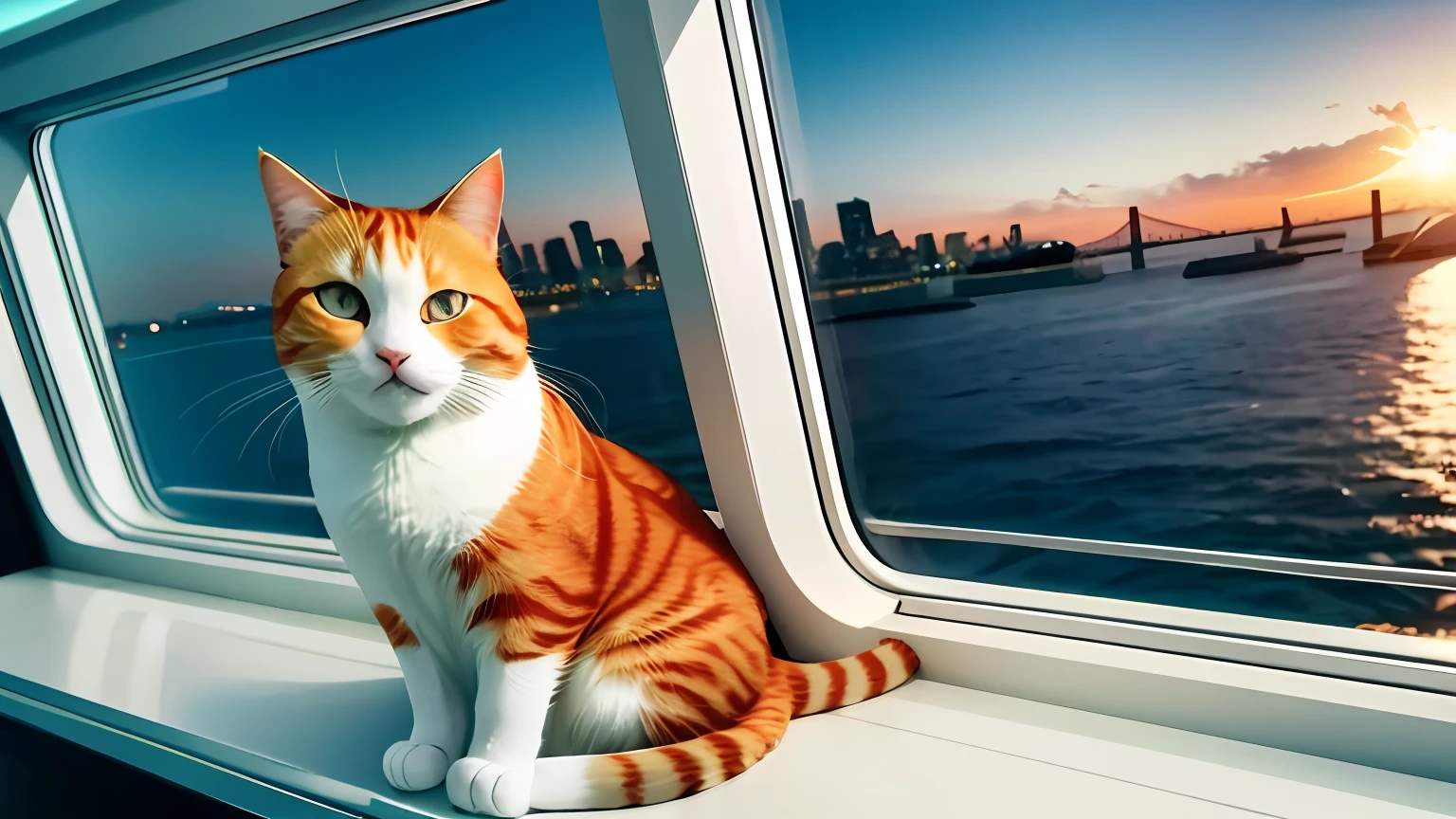 Sitting on a slightly chubby, cute furry light orange cat，On the windowsill of the cruise ship，Emotional sadness，The room was dark，The cat looks out the large glass window at the cityscape，Outside the window is the Statue of Liberty，Large close-up of the head，The sunset is full，Cool time。Good view，Leica 8K stills from A24 film，looking out，cinema shot，Design pattern for movie advertising。