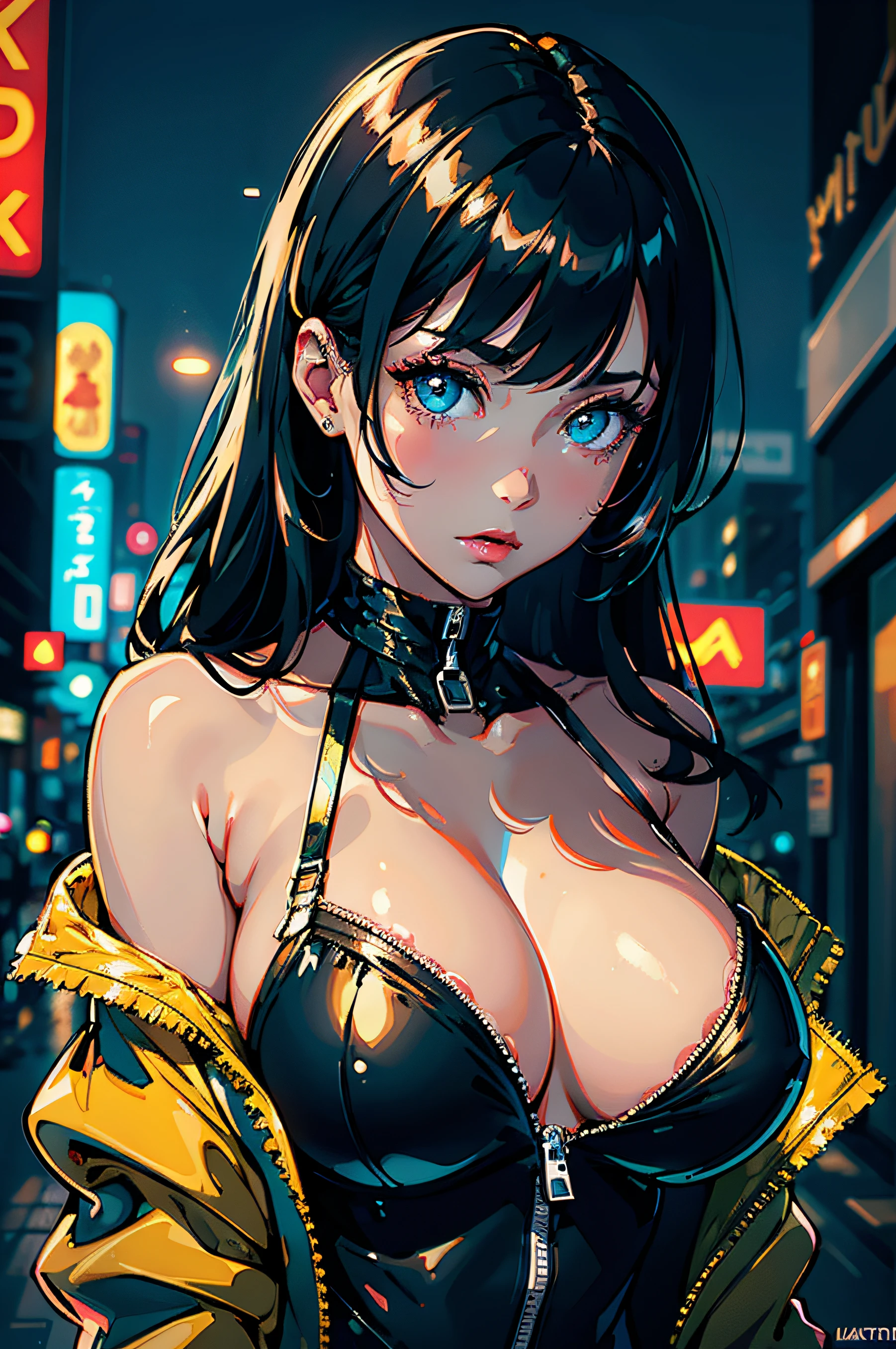 1girl, breasts, night, solo, large breasts, yellow jacket, bomber jacket, porcelain skin, subtle blush, holographic hair, black hair, off shoulder, futuristic, cyberpunk city, city lights, catsuit, cleavage, blade runner, bangs, long hair, (((masterpiece),mesmerizing eyes,best quality,,solo,1girl,cinematic lighting,detailed background,beautiful detailed eyes,bright pupils, (an extremely delicate and beautiful),(Beautiful and detailed eye description), ultra-detailed,masterpiece,)),
