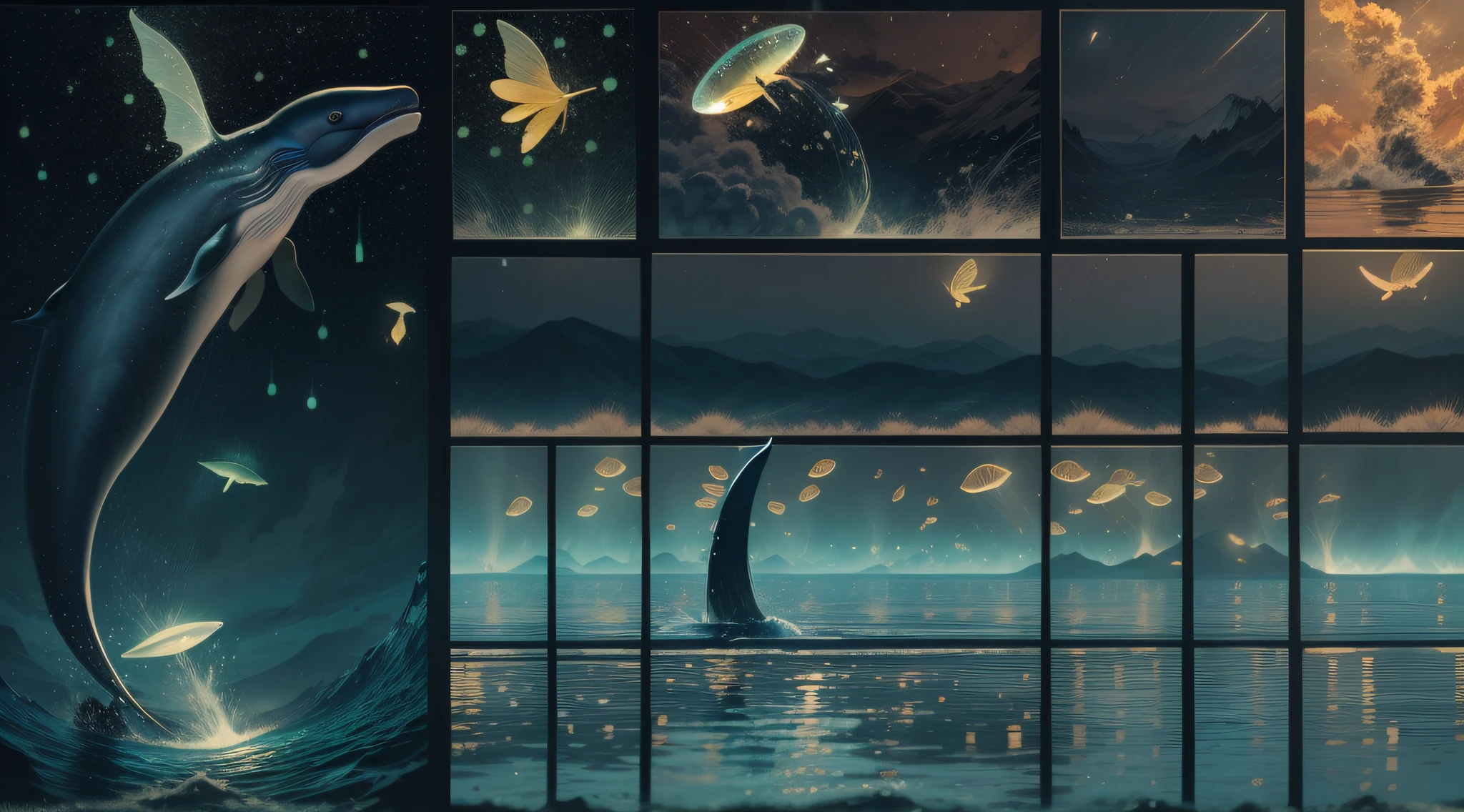 （（Fireflies form the silhouette of a whale）），（（Transparent whale with firefly effect）），（Fireflies shine with golden light），Floating on the surface of the sea，Firefly silhouette，cleanness，nigth，People who want to raise their heads，Wide-angle image，，super detailing，best qualtiy，tmasterpiece，（8K)，Extremely detailed，Epic artwork