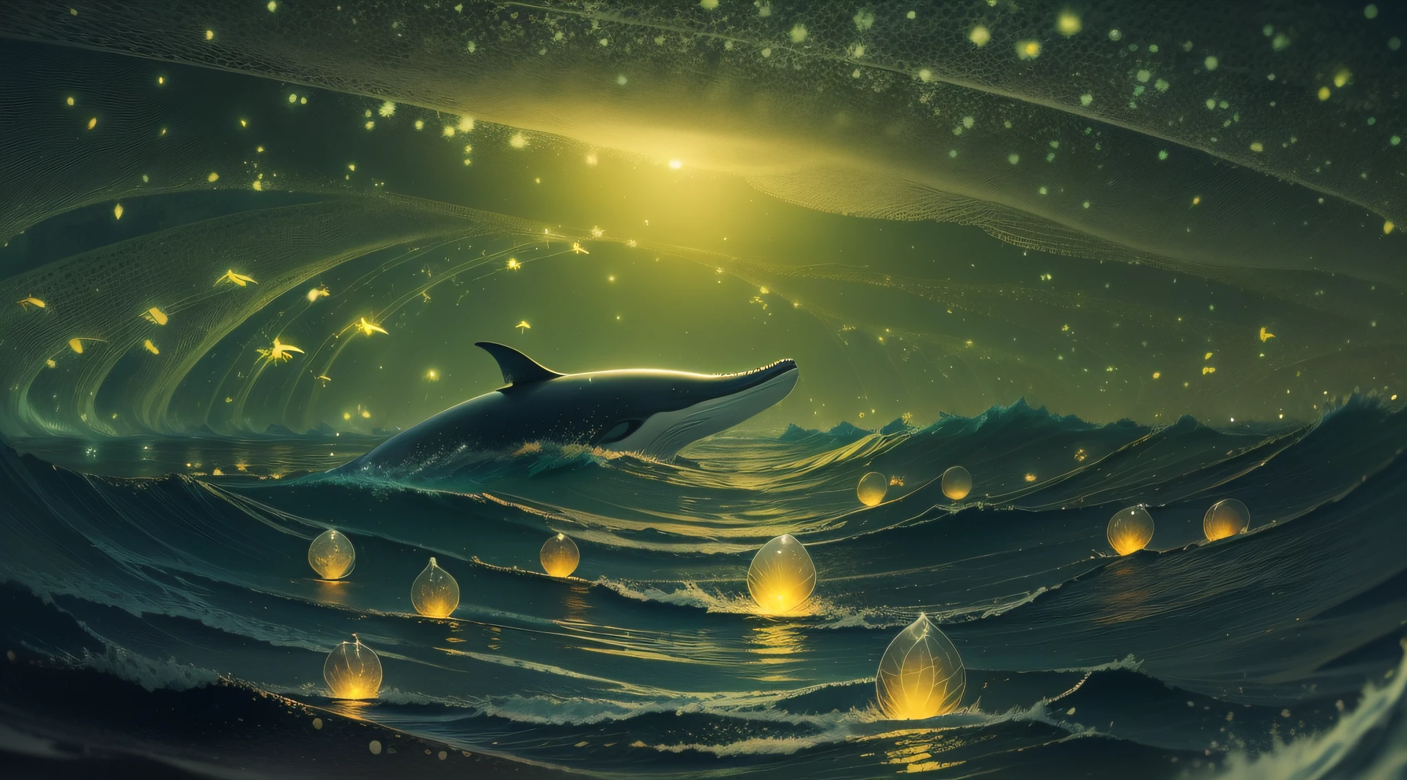 （（Fireflies form the silhouette of a whale）），（（Transparent whale with firefly effect）），（Fireflies shine with golden light），Floating on the surface of the sea，Firefly silhouette，cleanness，nigth，People who want to raise their heads，Wide-angle image，，super detailing，best qualtiy，tmasterpiece，（8K)，Extremely detailed，Epic artwork