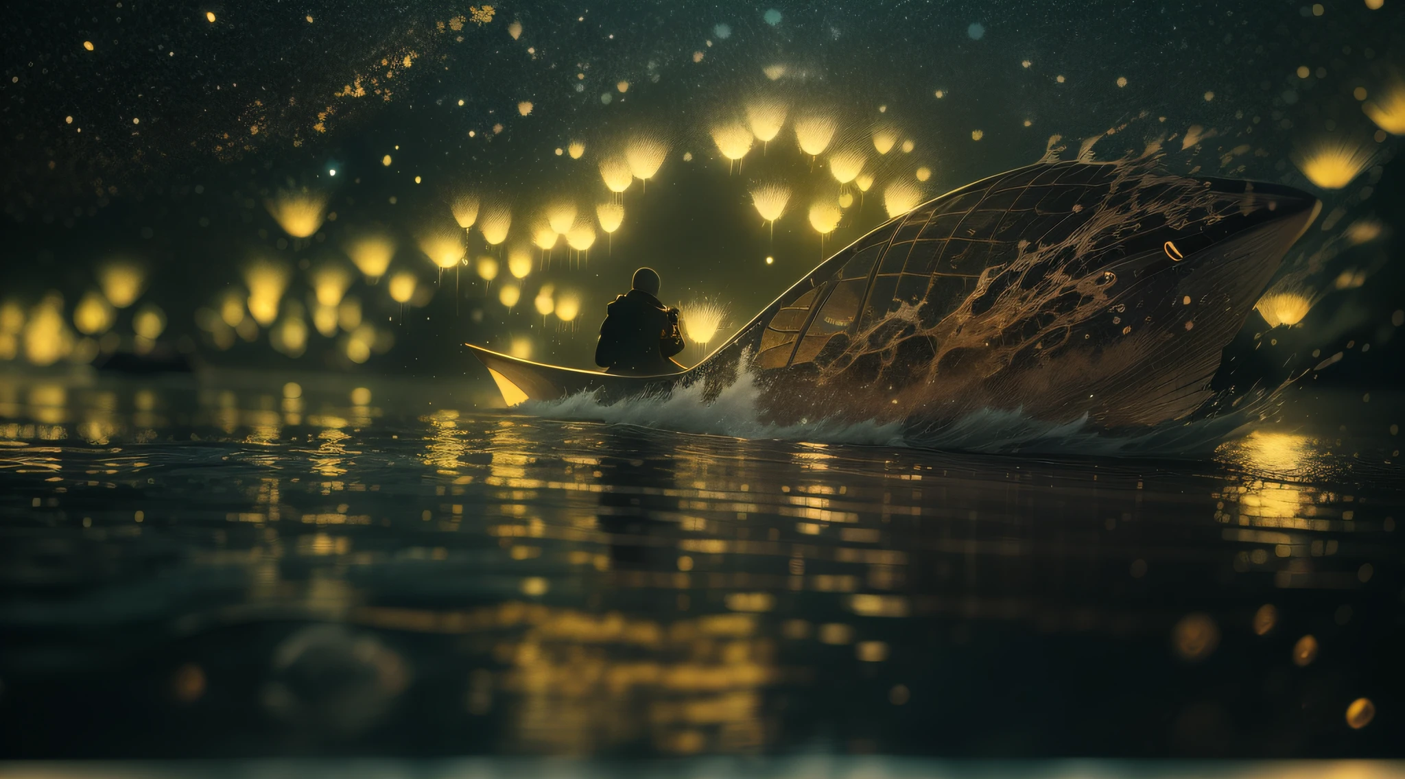((marine fishes)),((Firefly effect:1.5)),(Shining with golden light),Floating on the surface of the sea,Firefly silhouette,cleanness,nigth,People to look up,Wide-angle picture,best qualtiy,tmasterpiece,(8k),Extremely detailed,Epic artwork