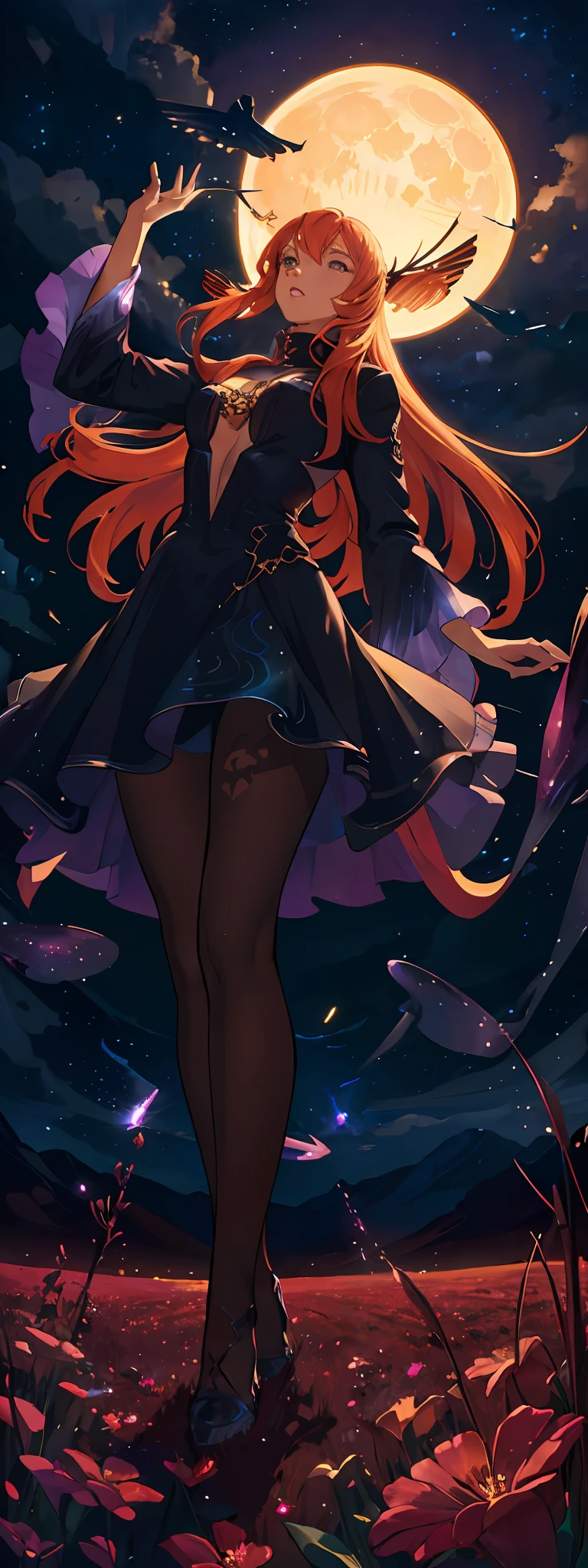 expansive landscape photograph , (a view from below that shows sky above and open field below), a girl standing on flower field looking up, (full moon:1.2), ( shooting stars:0.9), (nebula:1.3), distant mountain, tree BREAK
production art, (warm light source:1.2), (Firefly:1.2), lamp, lot of purple and orange, intricate details, volumetric lighting, realism BREAK
(masterpiece:1.2), (best quality), 4k, ultra-detailed, (dynamic composition:1.4), highly detailed, colorful details,( iridescent colors:1.2), (glowing lighting, atmospheric lighting), dreamy, magical, (solo:1.2)