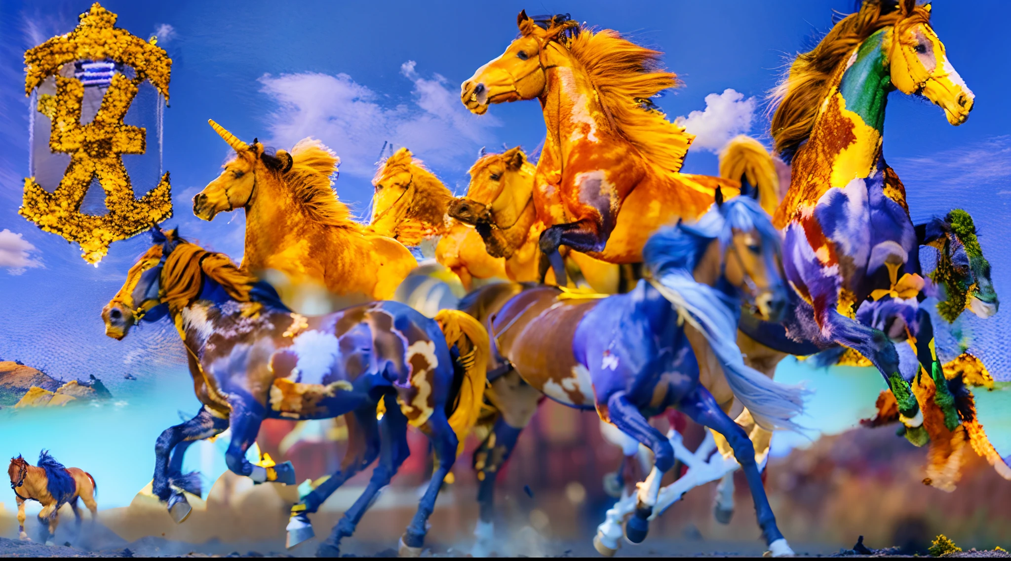 8horses,Ultra-grand scenes,super wide shot,1#cavalos,2#cavalos,3#cavalos,4#cavalos,5#cavalos,6#cavalos,7#cavalos,8#cavalos。Eight extremely special and rare horses surround each other,A large herd of horses galloped ahead,Gallop across the steppe like a clock。The vast plains of the epic scene are rich in aquatic plants,In the distance is the snow-capped summit of Mount Everest,Snow creek flows into the sea,At the other end is the magnificent giant city,The horse team entered and exited from the direction of the city gate。The first is the Light Casting Pegasus from the Supreme Heaven, which has a rainbow aperture from the Supreme Heaven,She rides between light and pure,No additional ornaments are needed to highlight her dignity and holiness,Even the sky showed her a clear sky,She has a deep enmity with the nightmare heavy ride from hell,The two never put their heads next to each other。Surrounded by sulphurous flames, the Hellmare Heavy Ride makes every time a horse's hooves fall, stepping flat grass out of the lava from the ground。The sky of the steppe is brighter because of the rainbow,And lava makes the earth deeper。The wind wings of the wind elf horse let its position be erratic,She carries a cyan aperture lightly and always can't help but tease the mechanical horse。The mechanical horse is full of mecha beauty,The shoulder back position always reveals delicate mechanical fittings,Four kicks with a hydraulic pump and electromagnetic ejection device。Unicorns want to steal all the horses' limelight with their pure and flawless beauty,Her unicorn flashed with the power of thunder。But on the side, the fairy dragon horse is comparing with it,The fairy dragon is full of small stars shining with magical brilliance。Their unique elven-patterned armor and colorful saddles make them the most stylish horses。The female knight is charging on her knightly warhorse,Her lofty ideals made her will unstoppable,There is no doubt that she is the protagonist of this picture。And a chaotic
