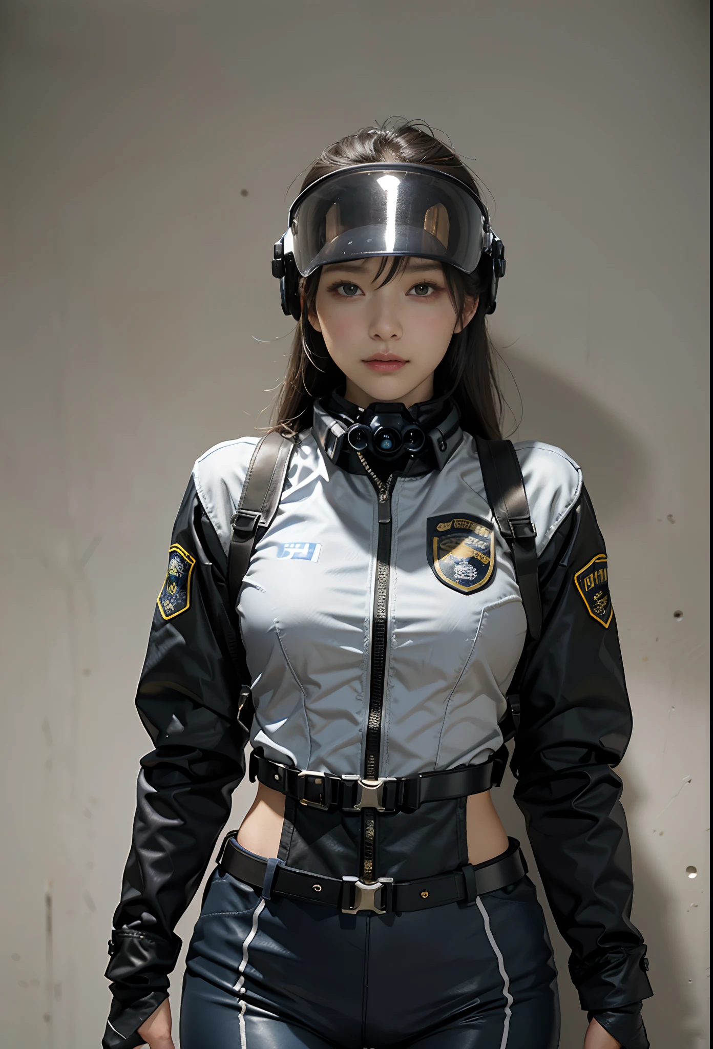 Top Quality, Ultra High Definition, (backlight), (Photorealistic: 1.4), (cowboy shot:1), 1 Beautiful Girl, (Kpop Idol), Detailed Face, (Hair Style: Pink:1, fullbang, shortbob-style:1), Contrapposto, Perfect Anatomy, , Professional Lighting, ((wearing Futuristic Police Racing Suits, super high cut, police wappen, High-tech Headset, military harness, racing gloves, handgun)), outside honey bob hairstyle, ("POLICE", Cloths colors based on silver pink black white), (background, crashed pipes, abandoned machines),