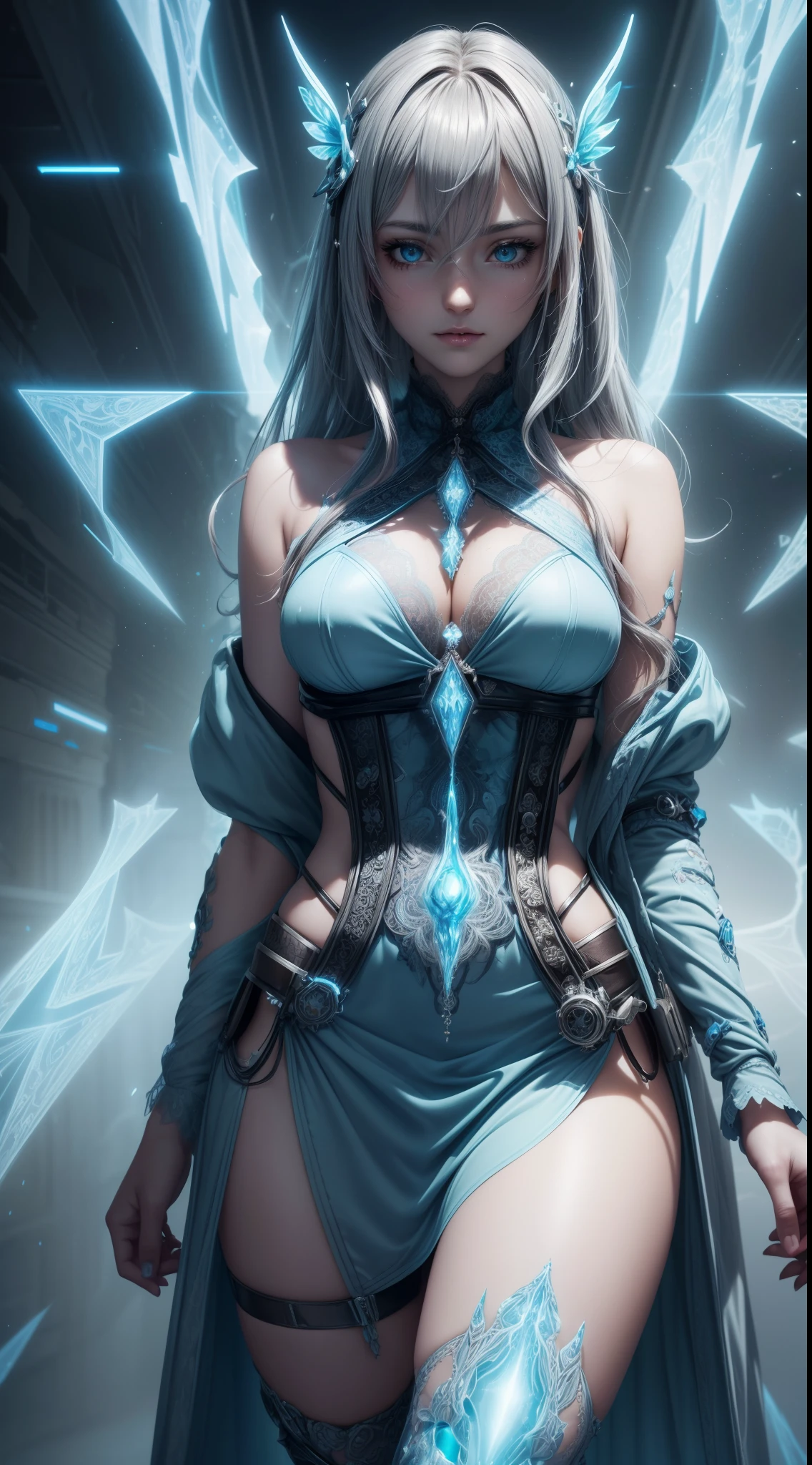 cyan futuristic fairy priestess girl in coverall armored suit (((skirt))) (((robe))) with relic pendant necklace, (layered robe), magic, ((lacy)), futurism, cyberpunk, silk, fur, (stockings), natural breasts, slim body, zettai ryouiki, ((((medium length dull hair)))), dull hair, (beautiful detailed bright light eyes), portrait, (beautiful and aesthetic:1.2, fractal art:1.4), most realistic, hyper-realistic, RAW, highest quality, best quality, Detailed, Realistic, 4k highly detailed digital art, octane render, bioluminescent, (cool_color), best pixels, 8k ultra, extremely detailed CG unity 8k wallpaper, cinematic lighting