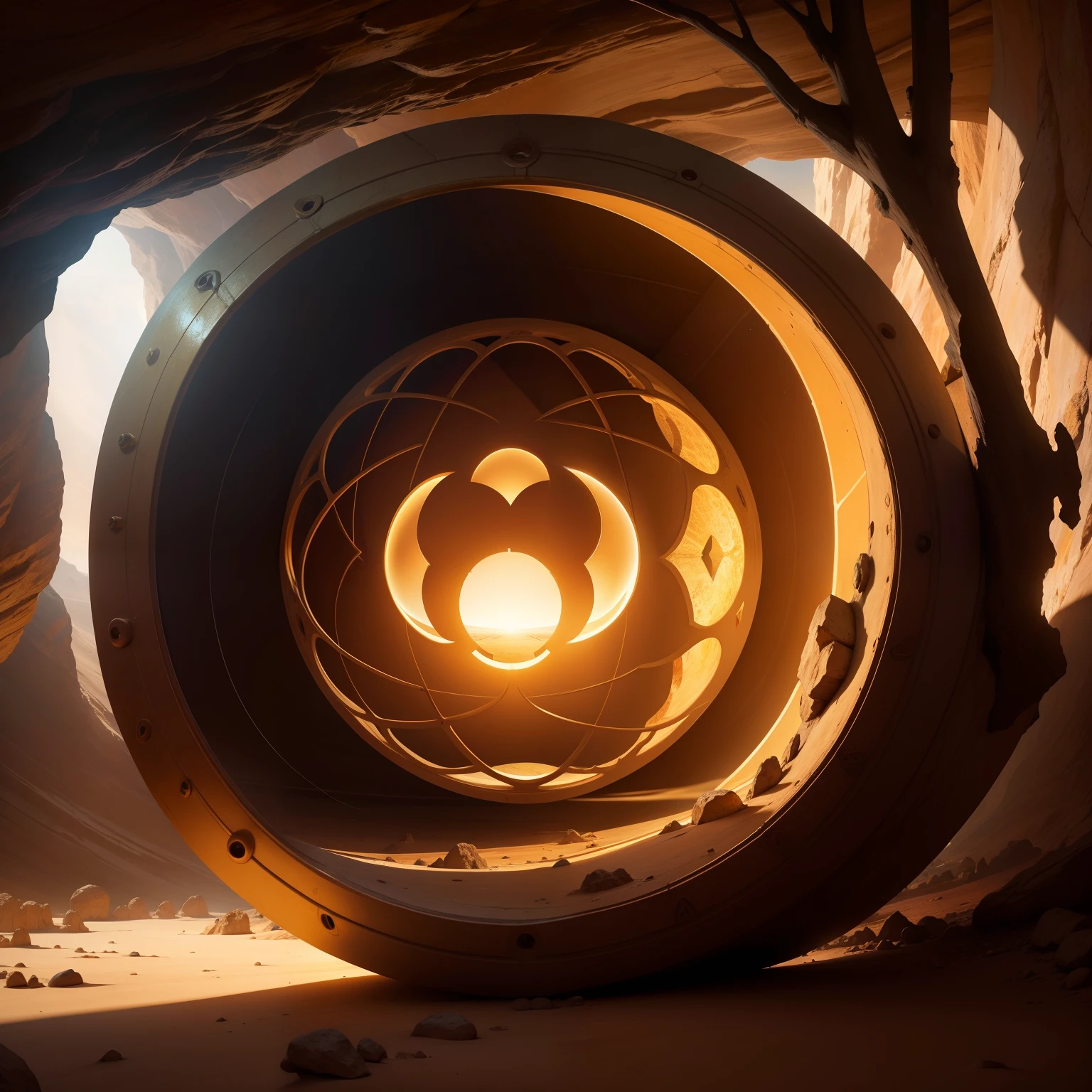 A golden orb with a hollow pattern ，In the dome of the cave