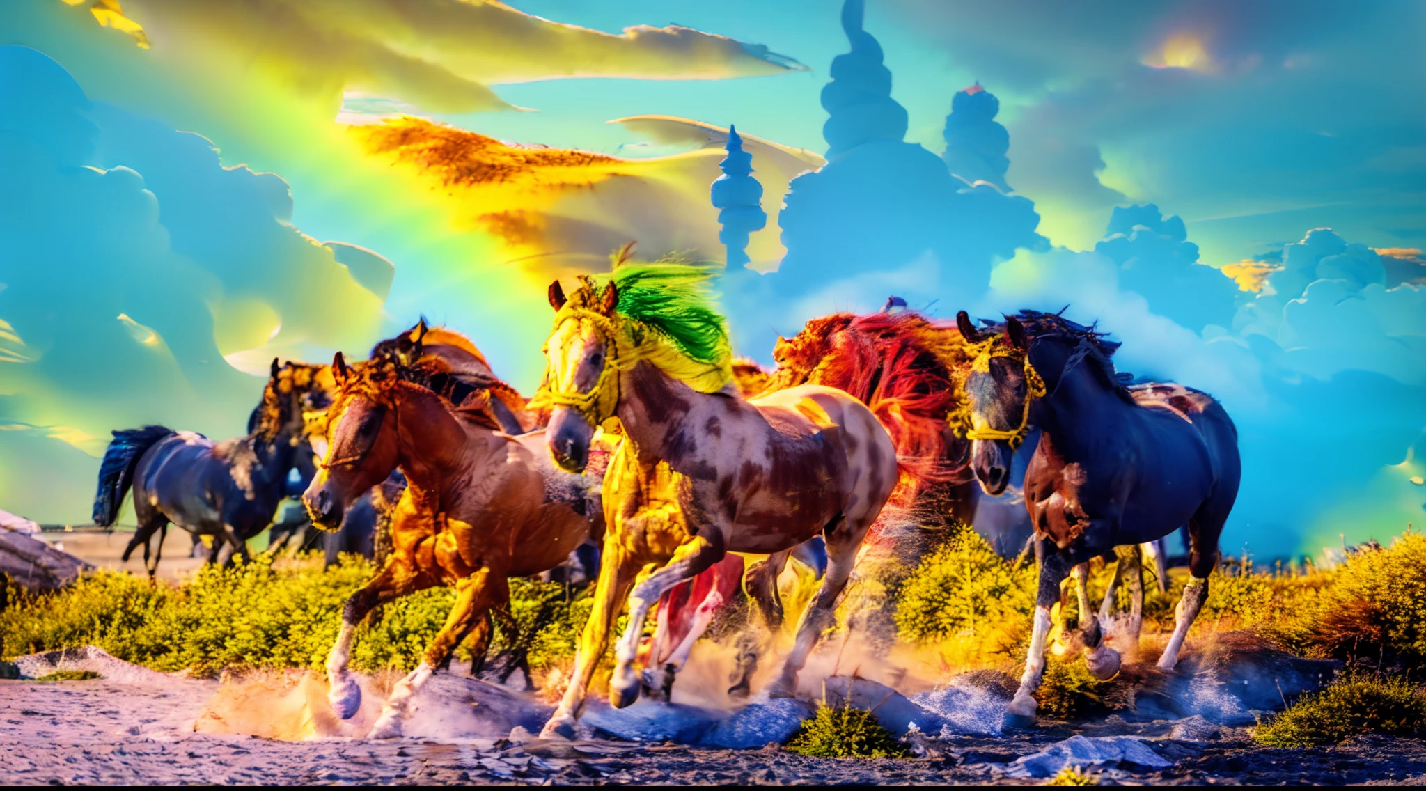 8horses，Ultra-grand scenes，super wide shot，1#cavalos，2#cavalos，3#cavalos，4#cavalos，5#cavalos，6#cavalos，7#cavalos，8#cavalos。Eight extremely special and rare horses surround each other，A large herd of horses galloped ahead，Gallop across the steppe like a clock。The vast plains of the epic scene are rich in aquatic plants，In the distance is the snow-capped summit of Mount Everest，Snow creek flows into the sea，At the other end is the magnificent giant city，The horse team entered and exited from the direction of the city gate。The first is the Light Casting Pegasus from the Supreme Heaven, which has a rainbow aperture from the Supreme Heaven，She rides between light and pure，No additional ornaments are needed to highlight her dignity and holiness，Even the sky showed her a clear sky，She has a deep enmity with the nightmare heavy ride from hell，The two never put their heads next to each other。Surrounded by sulphurous flames, the Hellmare Heavy Ride makes every time a horse's hooves fall, stepping flat grass out of the lava from the ground。The sky of the steppe is brighter because of the rainbow，And lava makes the earth deeper。The wind wings of the wind elf horse let its position be erratic，She carries a cyan aperture lightly and always can't help but tease the mechanical horse。The mechanical horse is full of mecha beauty，The shoulder back position always reveals delicate mechanical fittings，Four kicks with a hydraulic pump and electromagnetic ejection device。Unicorns want to steal all the horses' limelight with their pure and flawless beauty，Her unicorn flashed with the power of thunder。But on the side, the fairy dragon horse is comparing with it，The fairy dragon is full of small stars shining with magical brilliance。Their unique elven-patterned armor and colorful saddles make them the most stylish horses。The female knight is charging on her knightly warhorse，Her lofty ideals made her will unstoppable，There is no doubt that she is the protagonist of this picture。And a chaotic