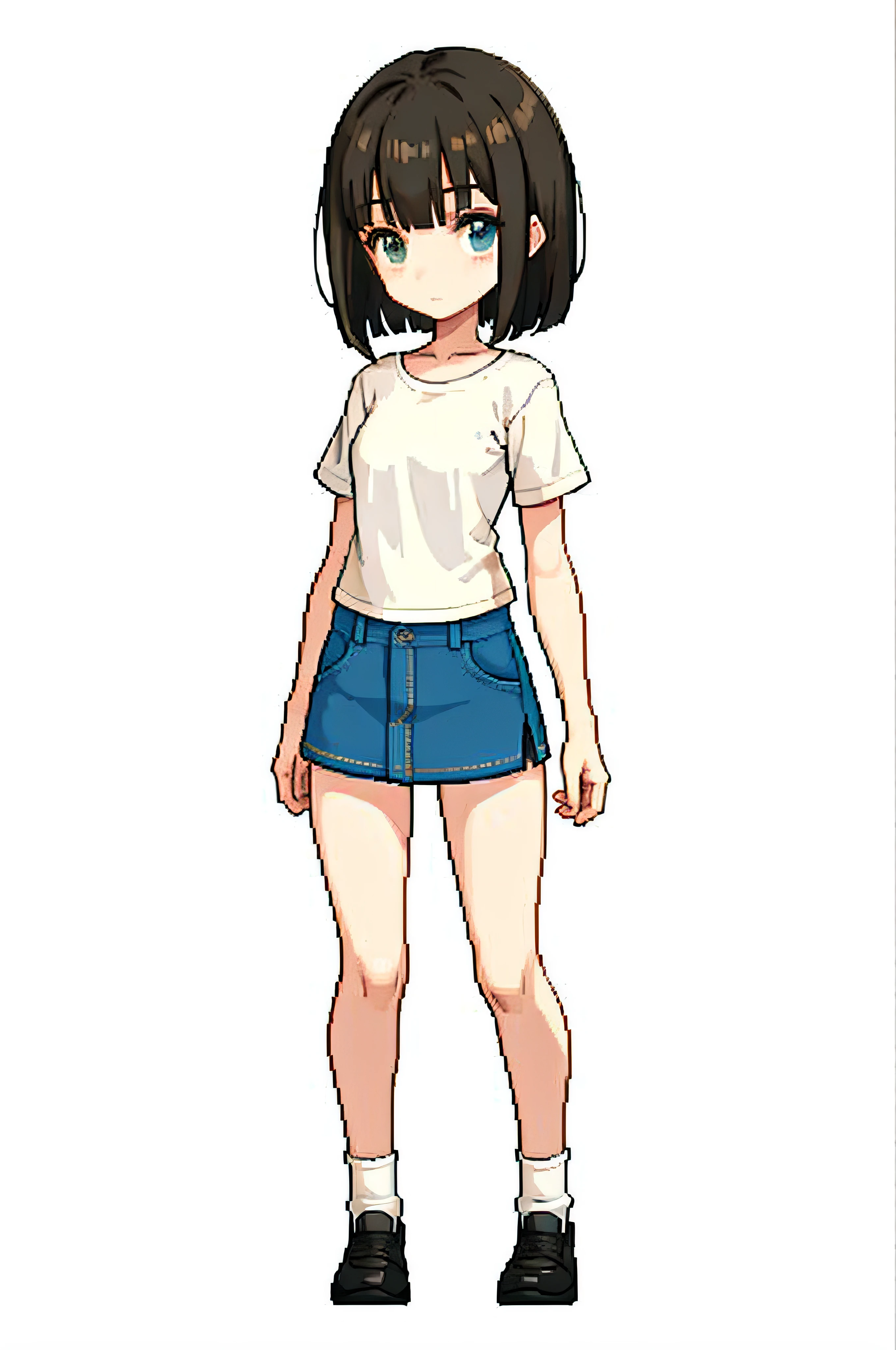 Photorealsitic, Bright indoor, Soft light, Low contrast, Shallow depth of field, Beautiful loli girl illuminated by gentle light, long straight bangs hair, hair color is a dark chestnut shade with a slight brown tone, hair with a subtle and gentle wave, Short bob hair, (White blouses), (Denim miniskirt), (Silk White Socks), (pumps), (Full body:1.5), squatting, Blank white background