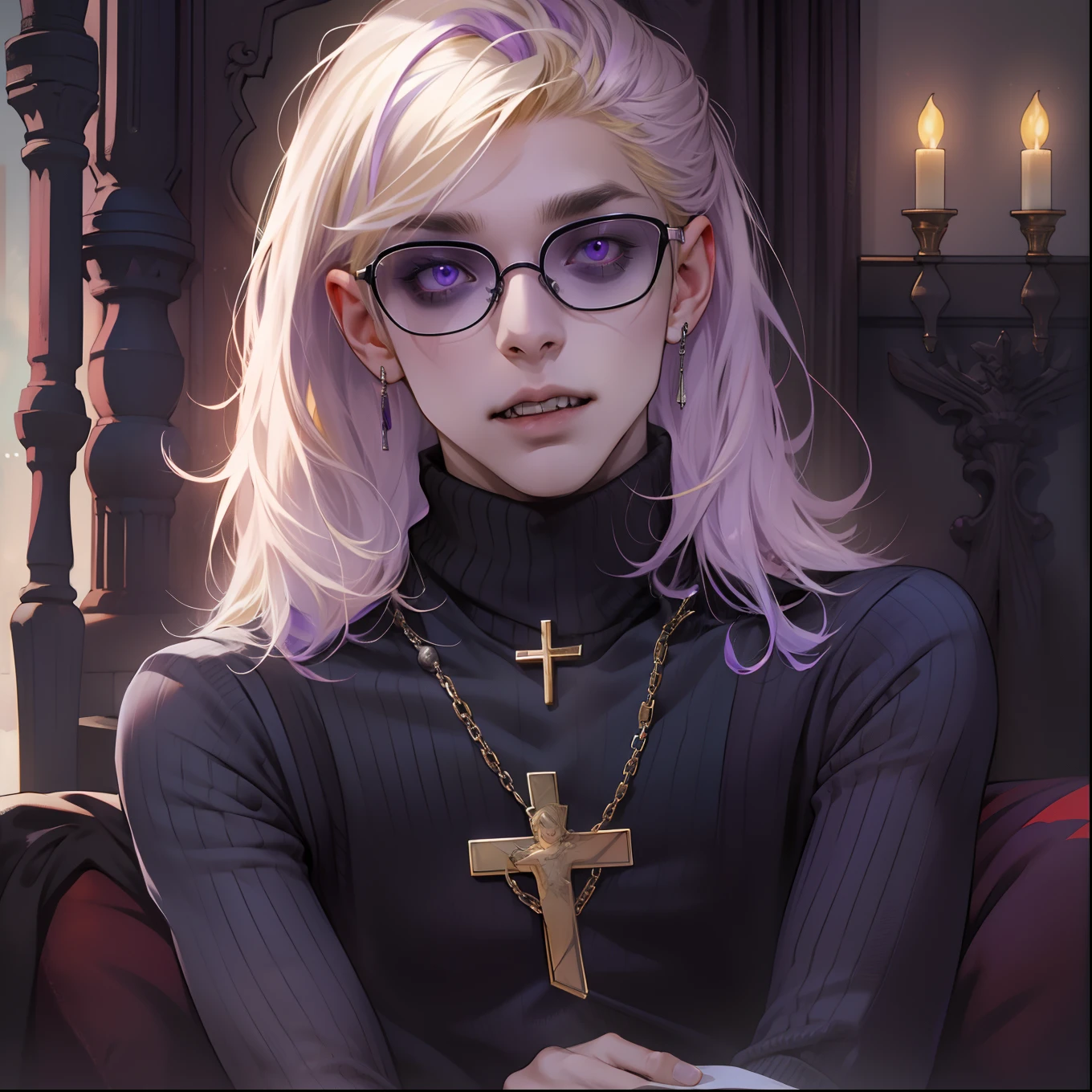 "vampire, skinny, blonde hair with purple streaks, yellow sclera, purple eyes, fangs, round glasses, turtleneck sweater, white collar, crucifix necklace"