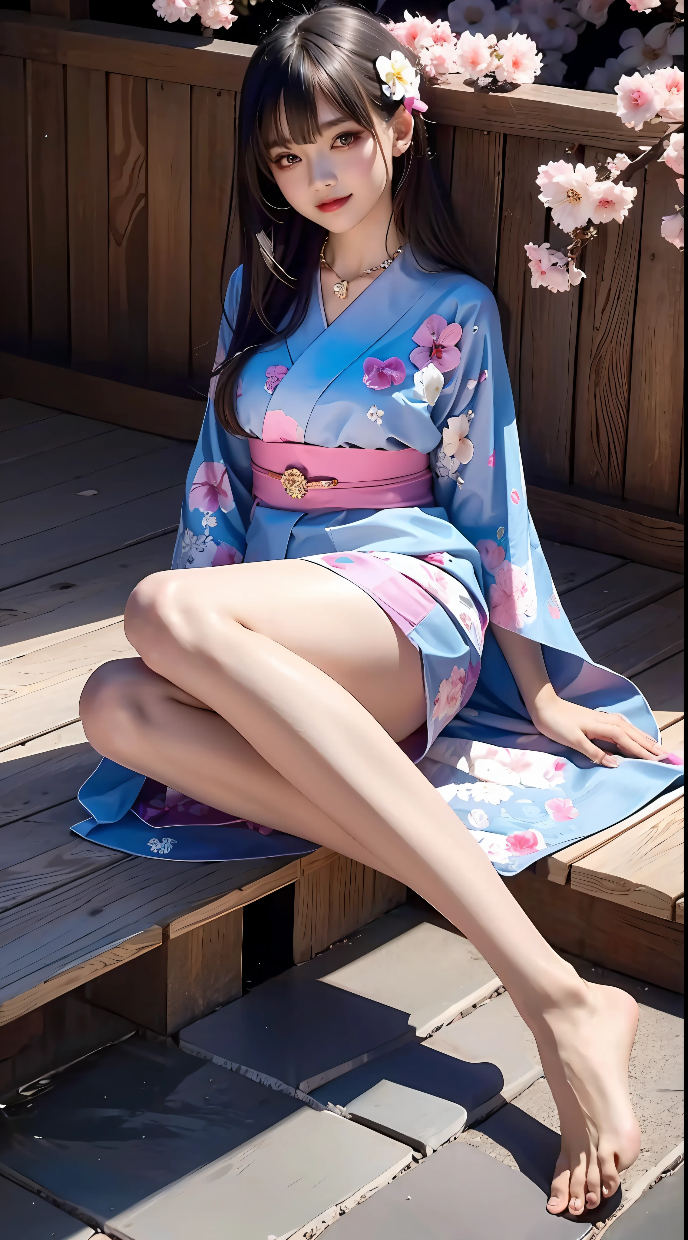 4K Ultra HD, Masterpiece, Cute little girl s, Nice face, Detailed Eyes, Liquid Lipstick, Long hair, Hair spreads, necklaces, Beautiful yukata, Short Yukata, floral pattern, highlights, lighting effects, glittering, realistic background, Japan's Natural Background, blossom, sunlights, mountains, Full-body capture, You can see the bare legs, Pretty legs