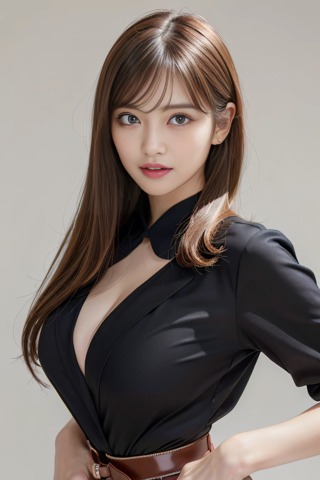 1girl in, beautiful vintage color, Instagram (Photorealistic, High resolution:1.4),  Looking at Viewer, Full body (8K, Raw photo, (huge tit),masutepiece:1.2), (Realistic, Photorealsitic:1.37), (Sharp Focus:1.2), Professional Lighting, Photon mapping, Radio City, Physically-based rendering, (pale skin:1.2), (Small breasts:1.2), Looking at Viewer,Brown hair、 (Middle hair:1.5), Portrait, Brown eyes, (sliver hair:1.1), Bangs, (Simple background:1.4), Solo, Upper body, Realistic, (Shiny skin), fashi-girl, makeup, Smile(skinny, Closed mouth, Shy :1.3), (Standing, Black stewardess uniform, A Necromancer:1.1), Medium bust, Sexy Pose, Best Quality, (masutepiece:1.4), (Best Quality:1.4),(((beautiful countenance))),(((big eye))),(((Beautiful eyes))),(((long lashes))),((Beautiful teeth alignment)),