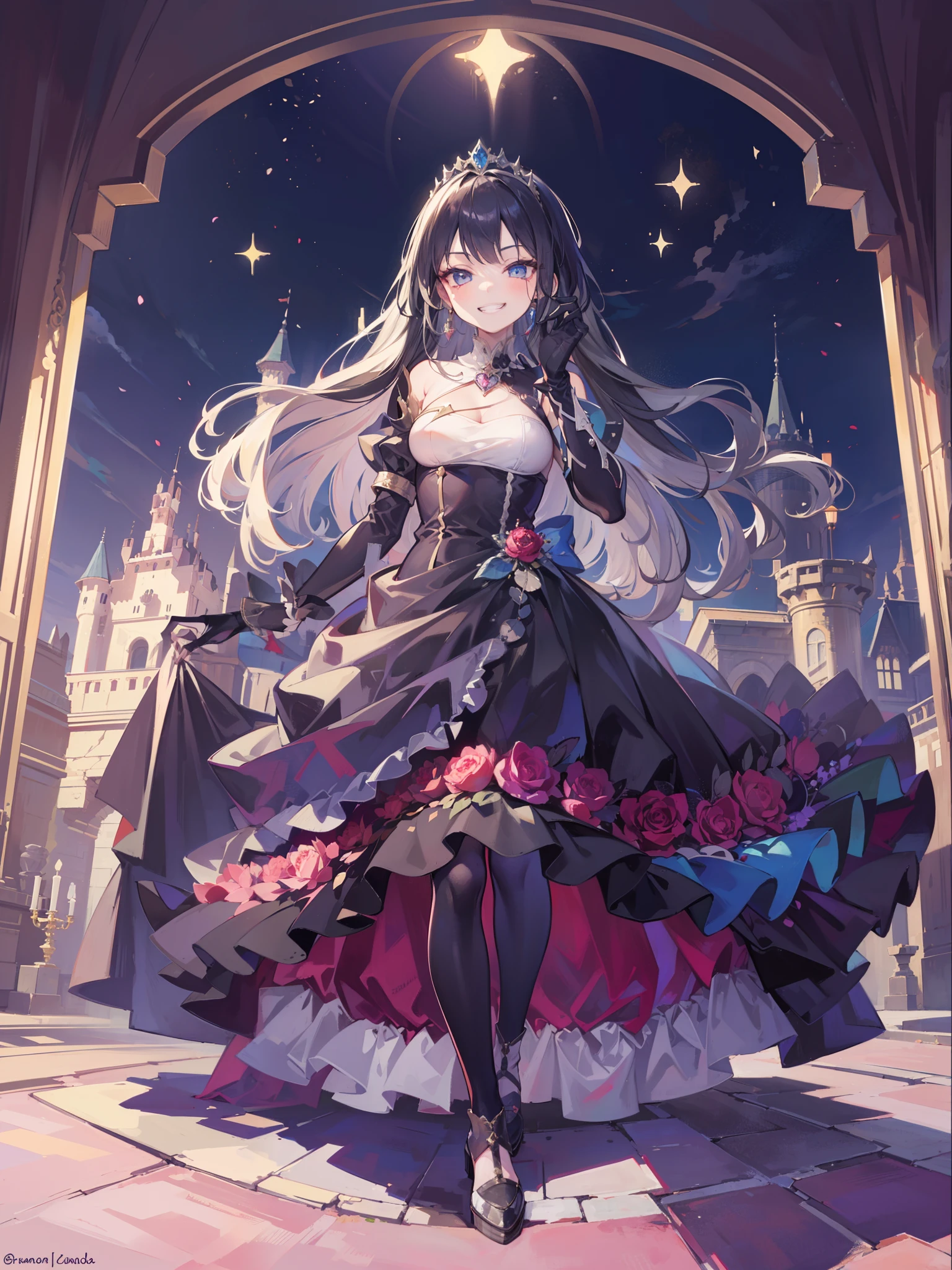 ruined castle,1Girl,(Vulgar smile,Ridicule,grin,Smirk,smug:1.2),Full body layout,tiara,dress,princess