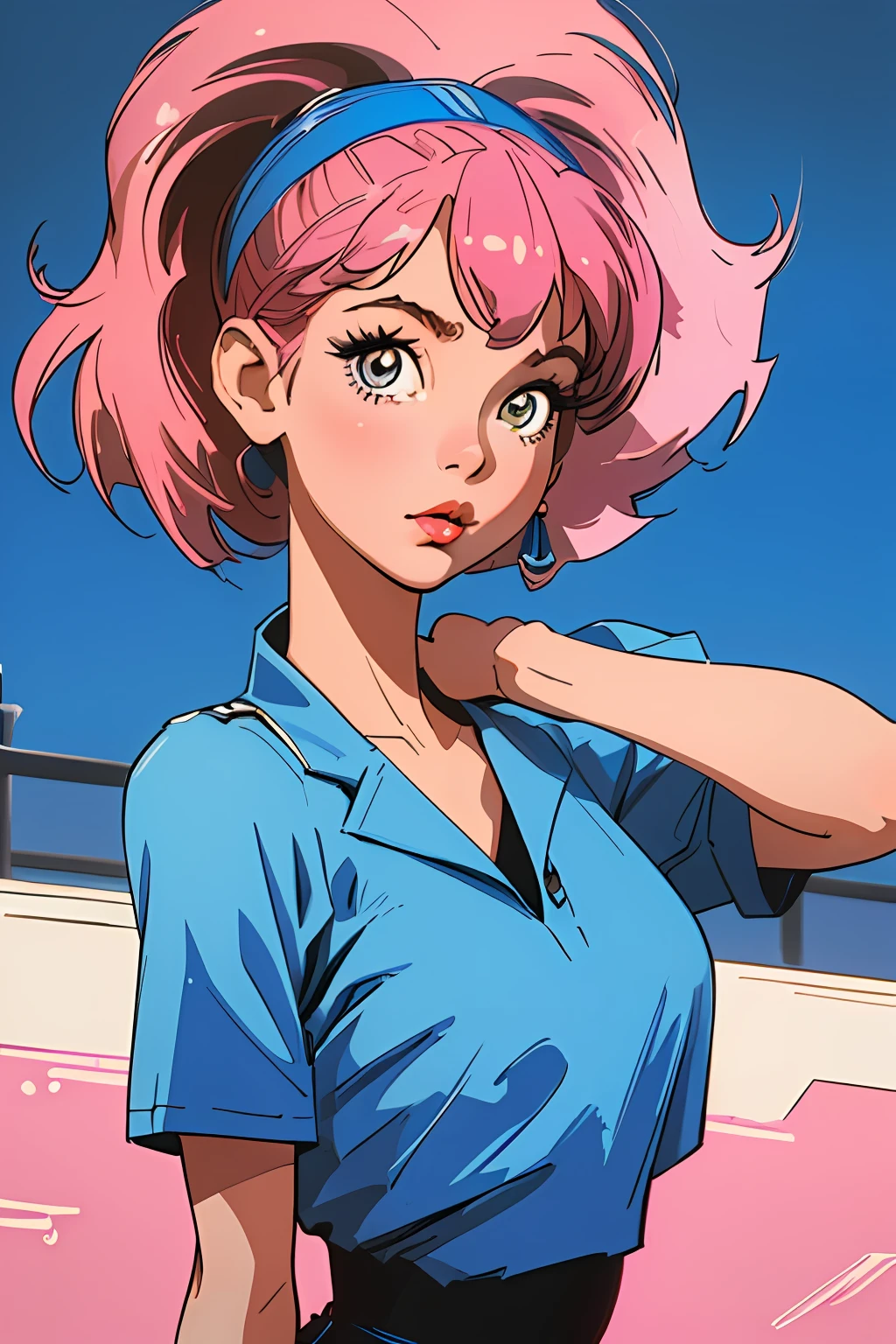 Woman in baseball cap,He is holding up a cigarette and smoking.。, Anime atmosphere of the 80s, 90s anime style, 90s anime style, 80s anime style, In 80s anime art style, 90s anime art style, Anime atmosphere, 80s anime art style, 1980's anime style,Neon Light