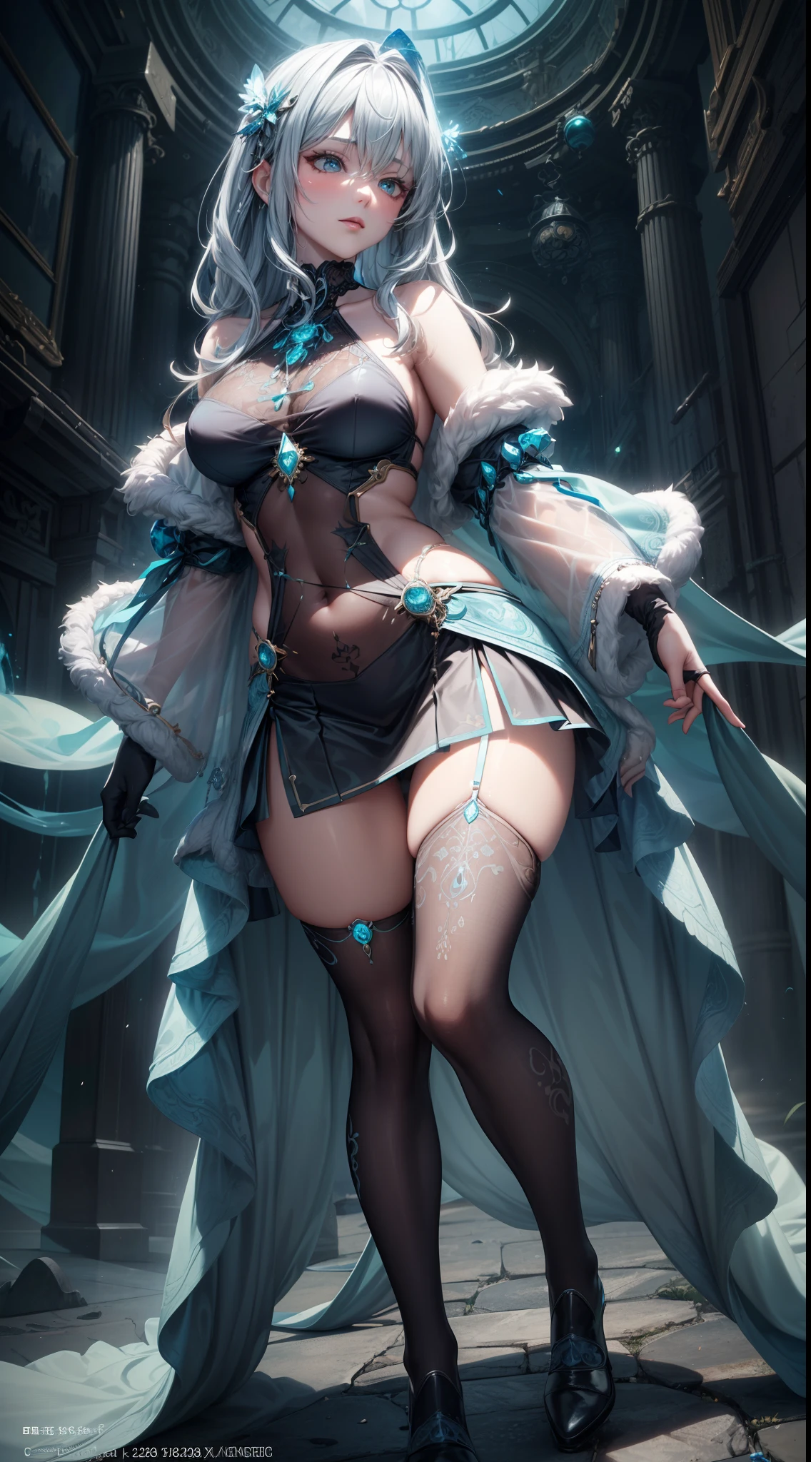 cyan futuristic fairy priestess girl in coverall armored suit (((skirt))) (((robe))) with relic pendant necklace, (layered robe), magic, ((lacy)), futurism, cyberpunk, silk, fur, (stockings), natural breasts, slim body, zettai ryouiki, ((((medium length dull hair)))), dull hair, (beautiful detailed bright light eyes), portrait, (beautiful and aesthetic:1.2, fractal art:1.4), most realistic, hyper-realistic, RAW, highest quality, best quality, Detailed, Realistic, 4k highly detailed digital art, octane render, bioluminescent, (cool_color), best pixels, 8k ultra, extremely detailed CG unity 8k wallpaper, cinematic lighting