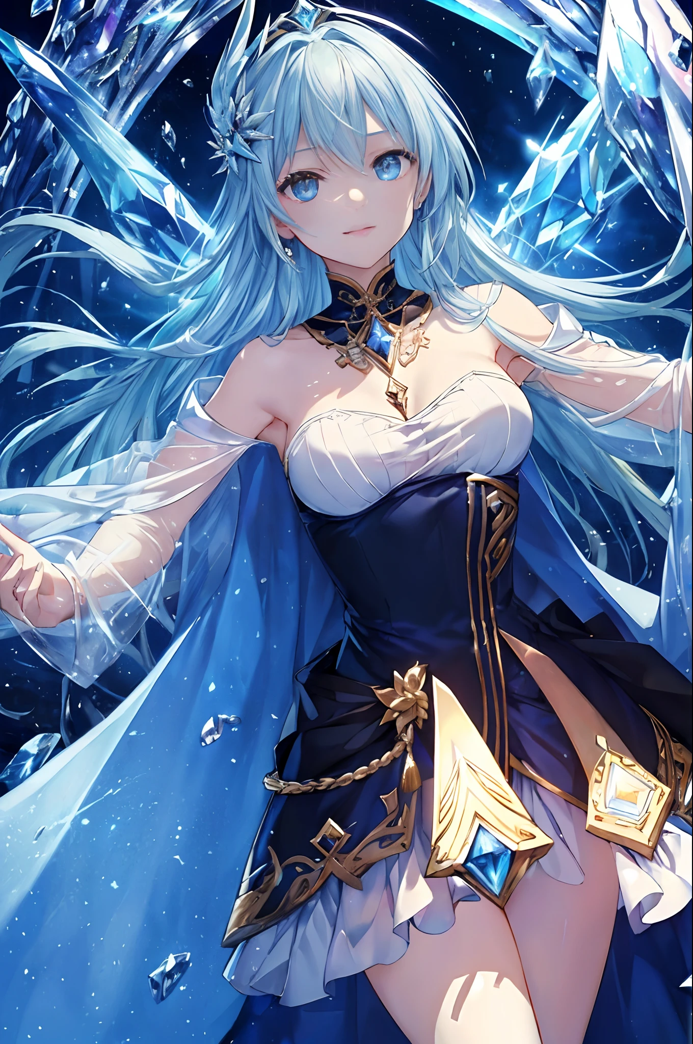 woman body made of bluish glass, translucent glass skin, crying, amidst the starry sky, bluish light, glass in bright blue tones, crystal aesthetics