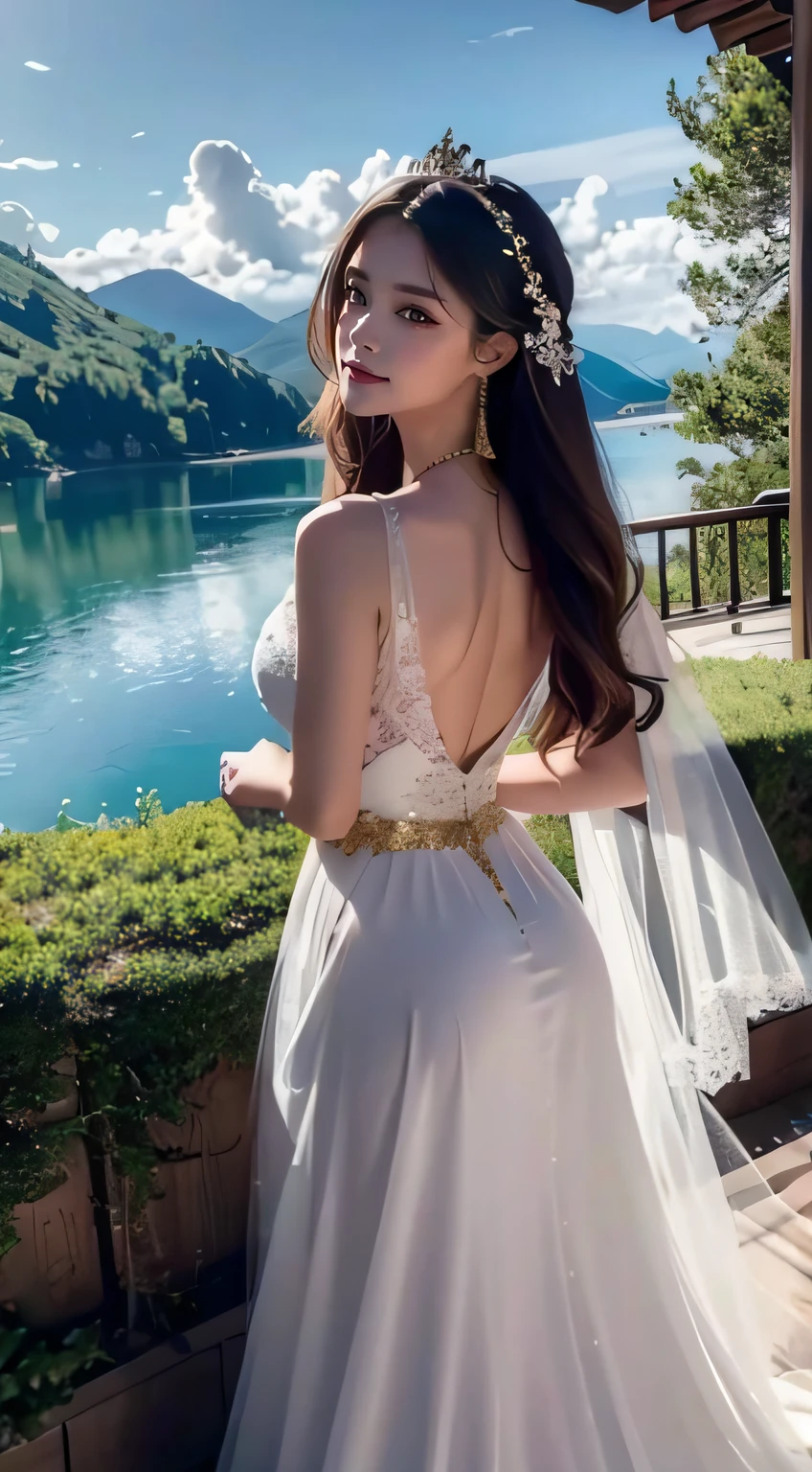 4K Ultra HD, Masterpiece, Cute little girl s, Nice face, Detailed Eyes, Liquid Lipstick, Long hair, Hair spreads, necklaces, beautiful dress, long dress, wedding dress, Gold, highlights, lighting effects, glittering, realistic background, Natural background, blossom, sunlights, mountains, Full-body capture, You can see the bridge, in the castle, view from behind, Glass Slipper