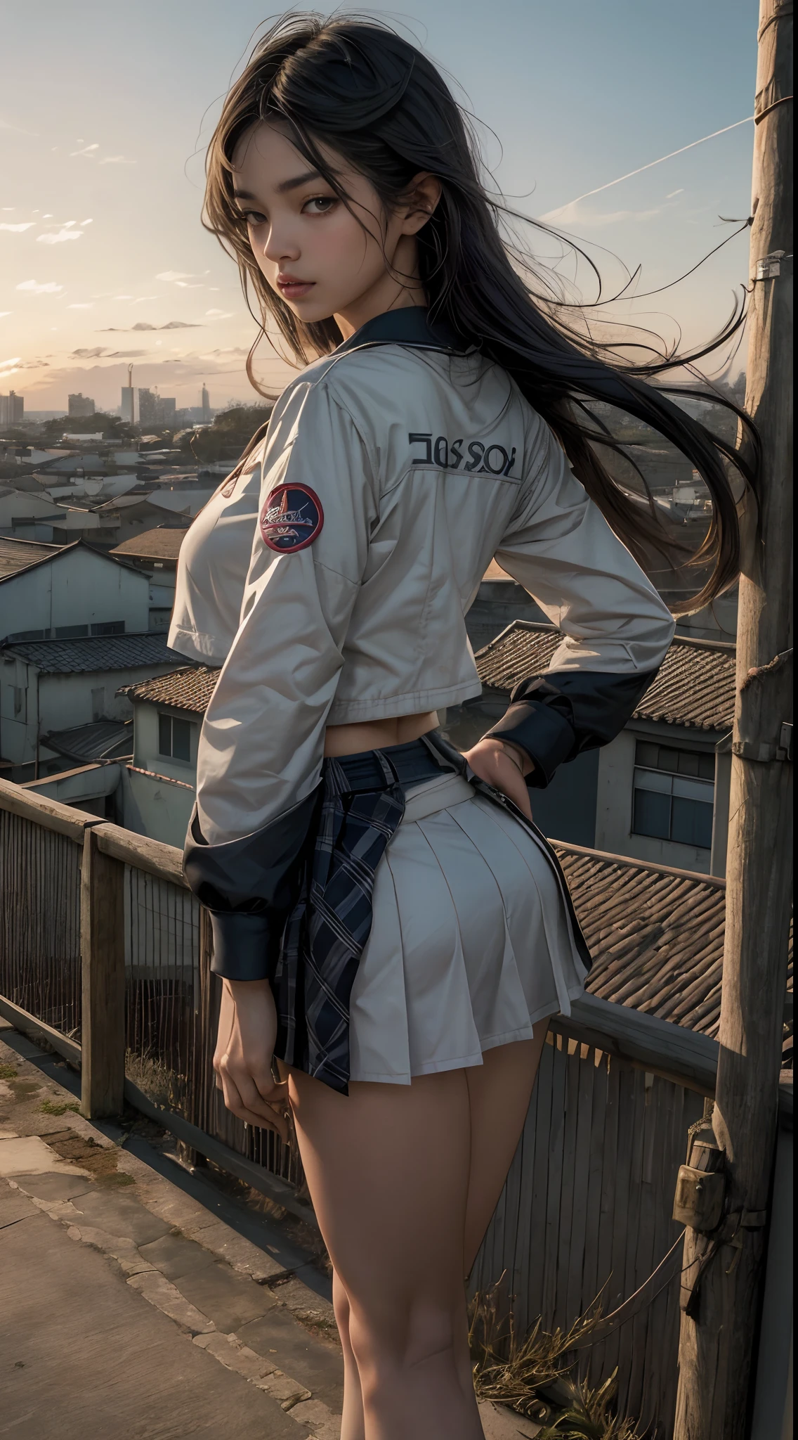 Garota de 18 anos afro-americana determinada ****** em(a sexy Japanese school uniform:1.2), sozinho, seios grandes, Sagging Tits, ((blusa rasgada uniforme escolar:1.2)), mini saia xadrez, standing on a windswept rooftop during sunset, com vista para uma paisagem urbana, capturando um momento de empoderamento e desafio,  with a dynamic pose and intricate details, Arremesso longo