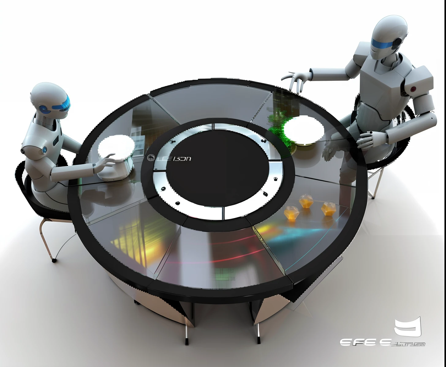 There were two people standing around a table, but futuristic food, futuristic product design, chef table, Futuristic gadgets, futuristic concept design, futuristic furniture, Innovative product ideas, author:Lee Jeon-suk, The Last Supper realistic robot, futuristic design, The future, Futuristic, sleek utopian design, industrial design concept, round robot, the image is futuristic, tabletop model