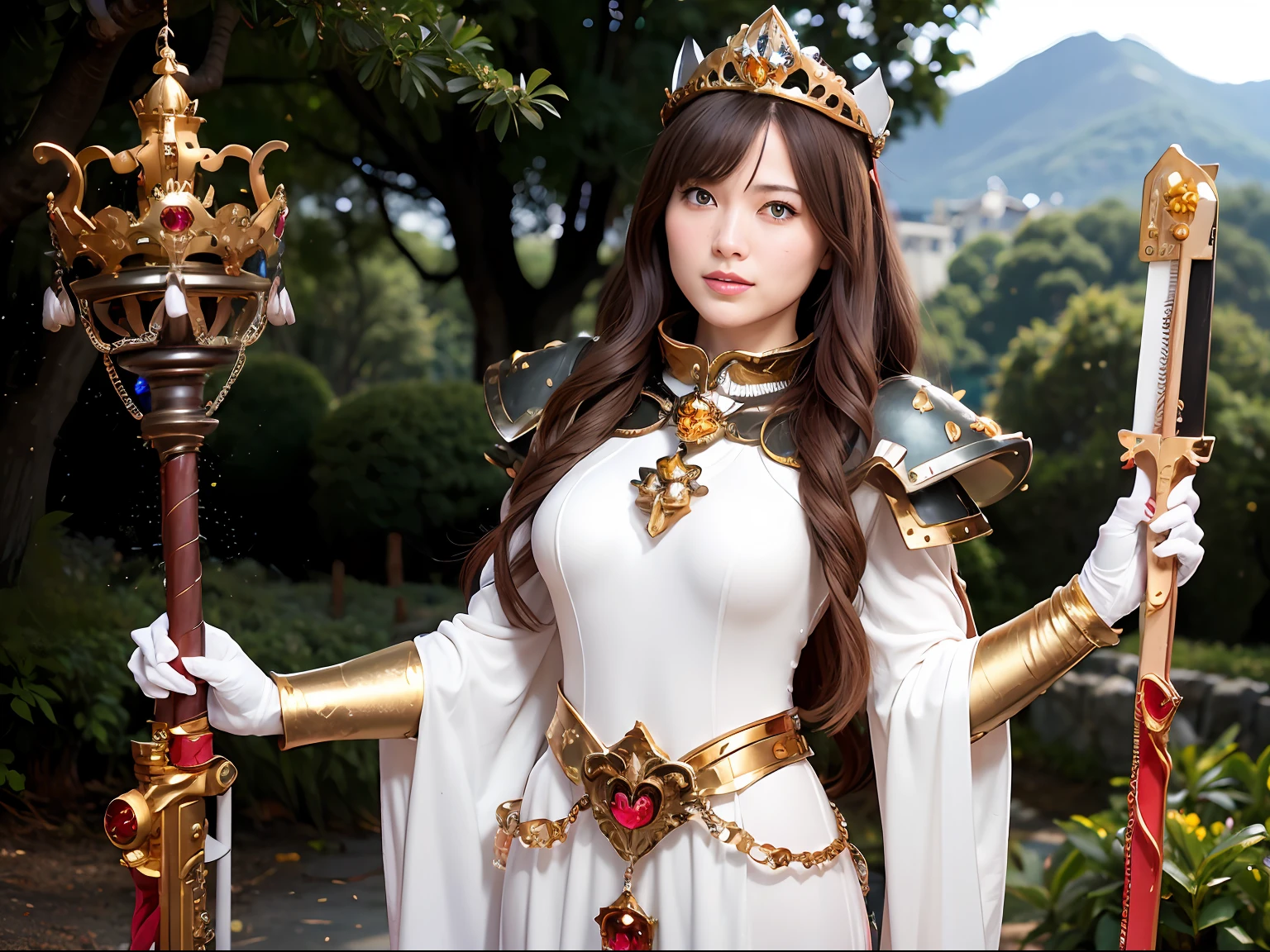(masutepiece), Professional , masterpiece、top-quality、photos realistic , depth of fields (Gemstone Silver Metal Body:1.9),(Matte White、Particles of light、Jewel Gold Weapon、(Gorgeous castle background)、(Jewel Metal Body:1.4),Gorgeous Jewel Metal Weapons , Detailed Sword of the Brave ,( Soldier background in metal armor) ,warhammer 40k , adepta sororitas,Detail and ornate jewel crown、独奏、Brown hair、(Gangle's forest background)、Beautiful Caucasian beauty、1a person、dynamic ungle,(((Diamond tiara with detail and luxury)))、a small face、A smile、Powerful poses、(Gorgeous castle background)、huge filesize、20 year old beautiful woman、Stand in the center of the screen、Thin female fingers、Seductive look、Straight Long Hair、