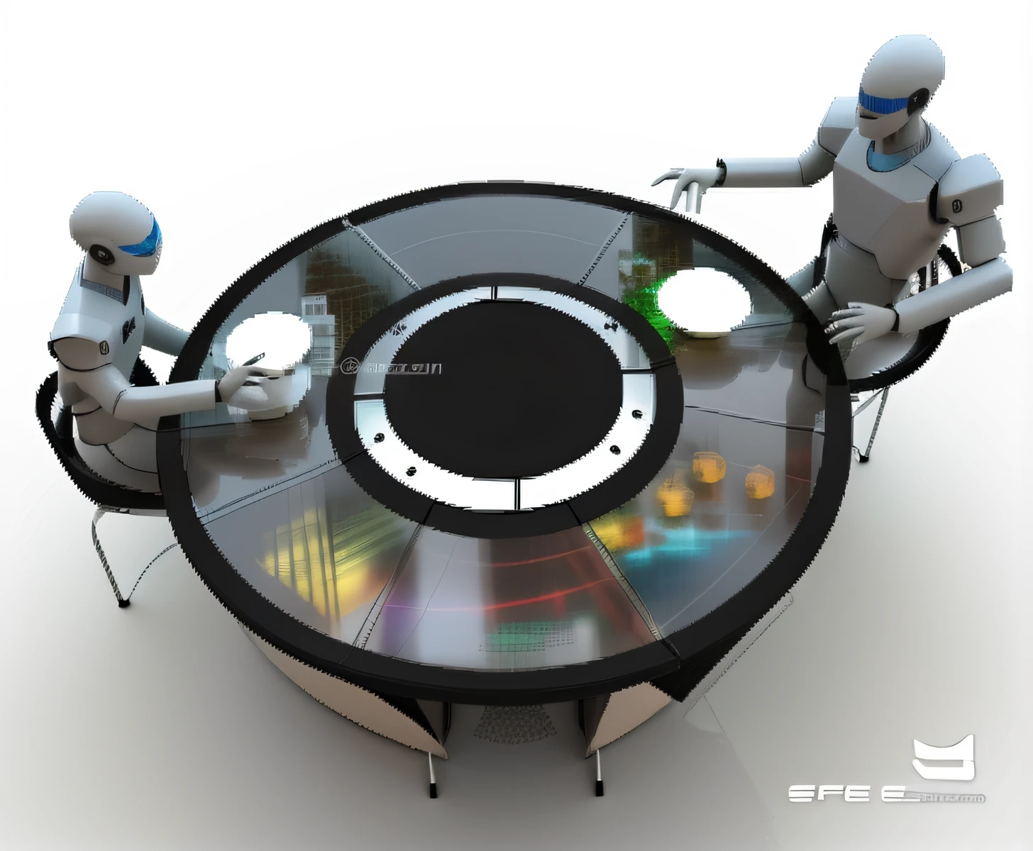 There were two people standing around a table, but futuristic food, futuristic product design, chef table, Futuristic gadgets, futuristic concept design, futuristic furniture, Innovative product ideas, author:Lee Jeon-suk, The Last Supper realistic robot, futuristic design, The future, Futuristic, sleek utopian design, industrial design concept, round robot, the image is futuristic, tabletop model