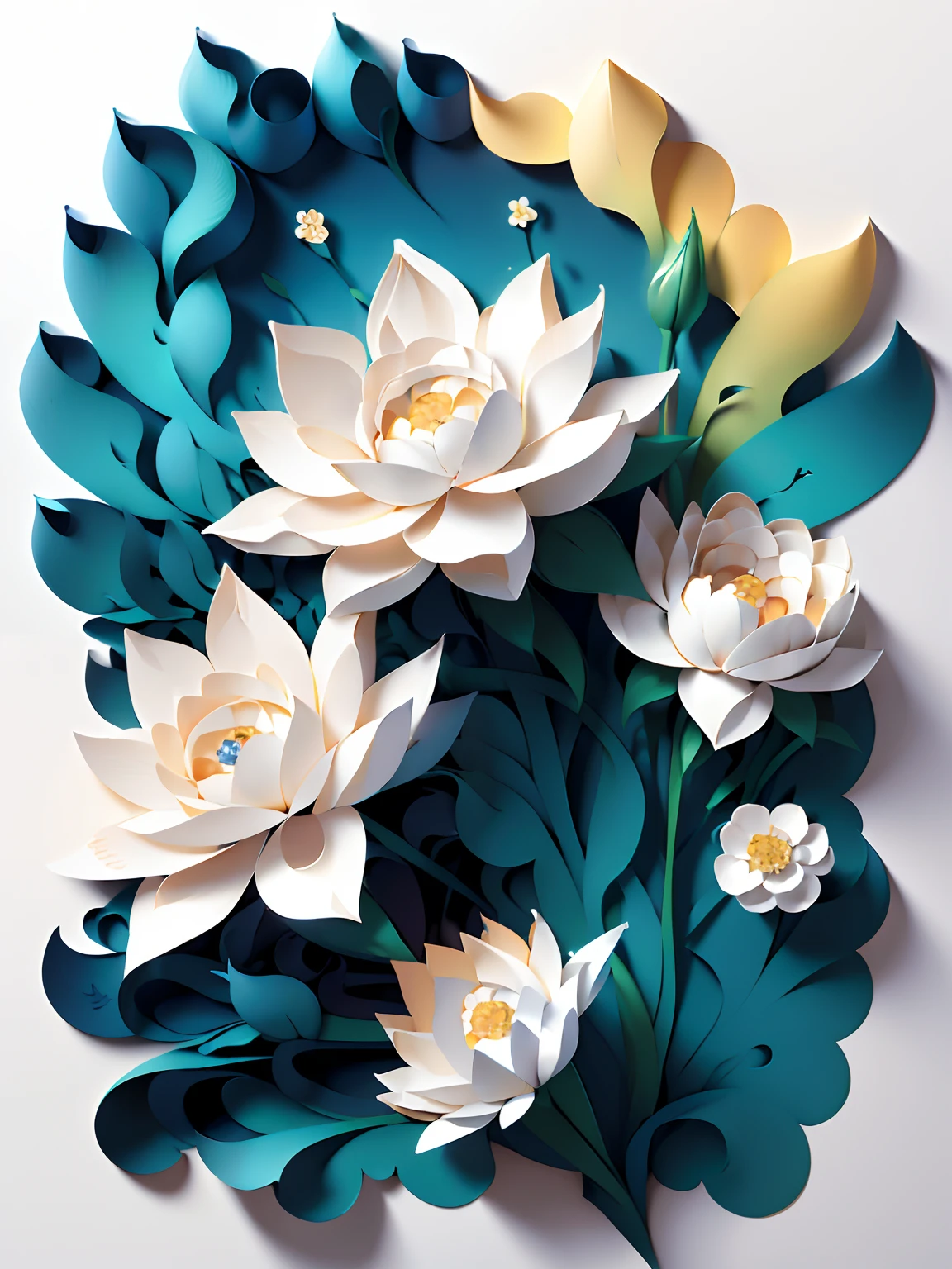 (((masterpiece))),best quality, illustration,beautiful detailed glow, flowers,white background, paper_cut,