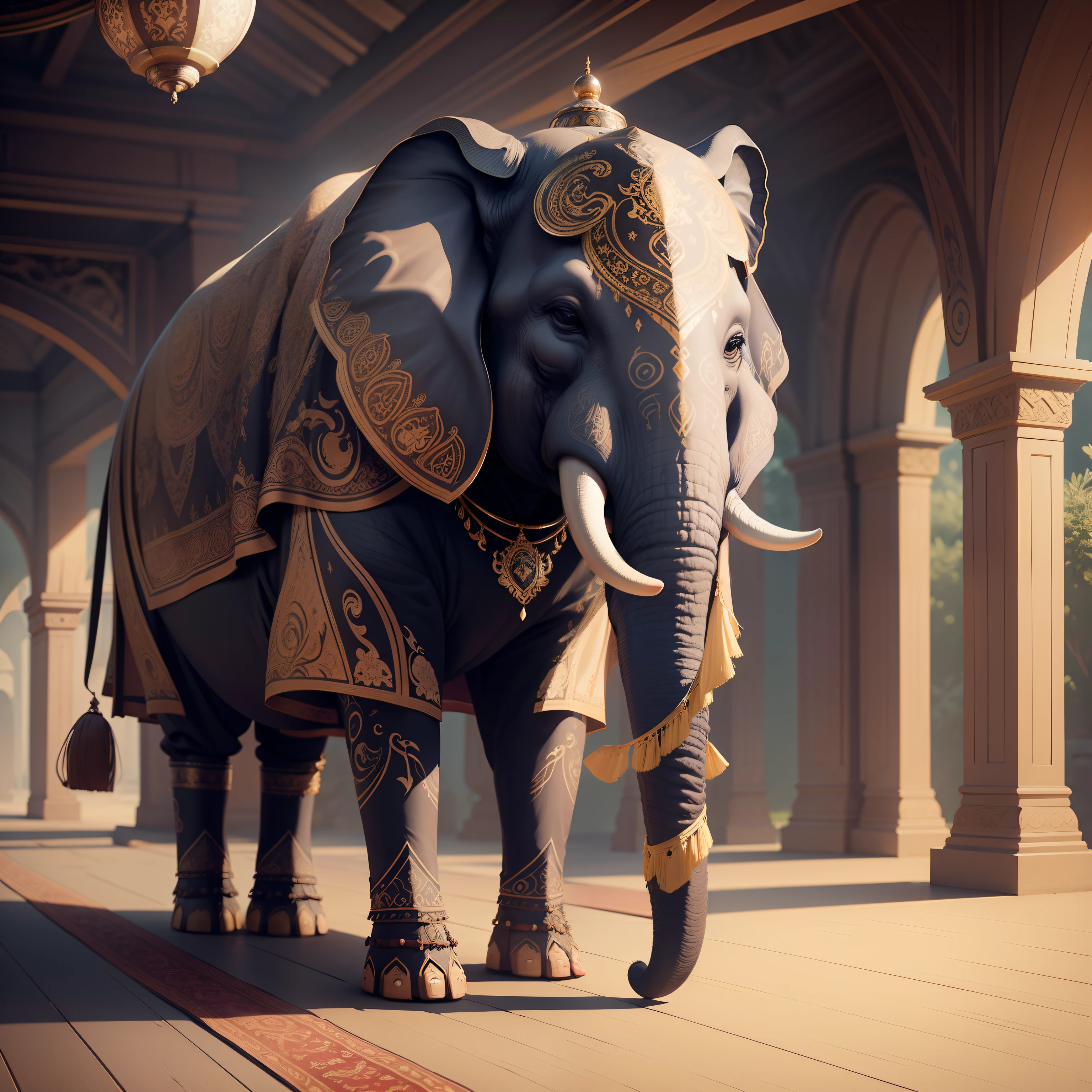 Ethereal Bohemian Elephant, intricate details, ornate design, illustration, octane render, William Morris style, trending on art station