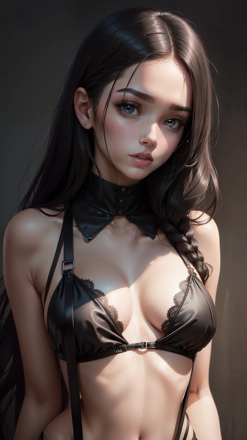 quadratic element,a beauty girl,Black silk suspenders,Bare chest