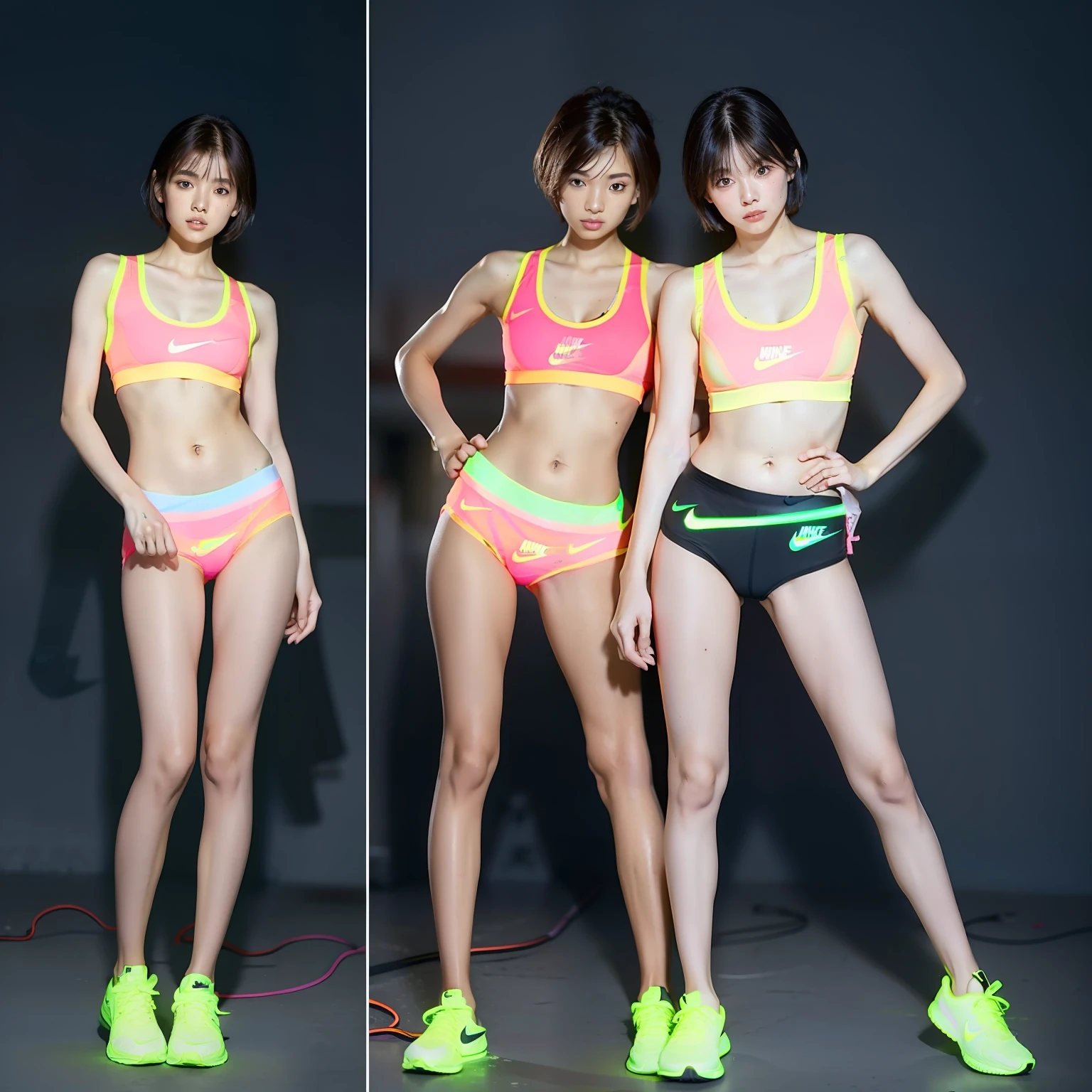 (Solo), (a detailed full-body RAW photo of a girl), (masutepiece:1.0), (Best Quality:1.4), (超A high resolution:1.2), (Photorealistic:1.4), 8K resolution, Canon EOS R5, 50 millimeters, absurderes, ultra-detailliert, (18 year old), Cinematic lighting, Detailed beautiful face, (no-makeup:1.2), (ulzzang -6500-v1.1), petite figure, Detailed skin texture, (flat chest:1.4), (skinny and fit body:1.6), Detailed brown hair,  sweltering,(Very short hair:1.5), See Through wear, (Neon Color W, Nike Singh Sports Bra & Sports Panties:1.5), More transparent, realistic glistening skin, Detailed texture, Cameltoe, well-developed abs, wet wear, Looks alive, Erect , Sexy Pose (all of four:1.5), hip focus, very slim legs, very slender legs, very slender legs, Long legs, very detailed legs, (Full body:1.5)