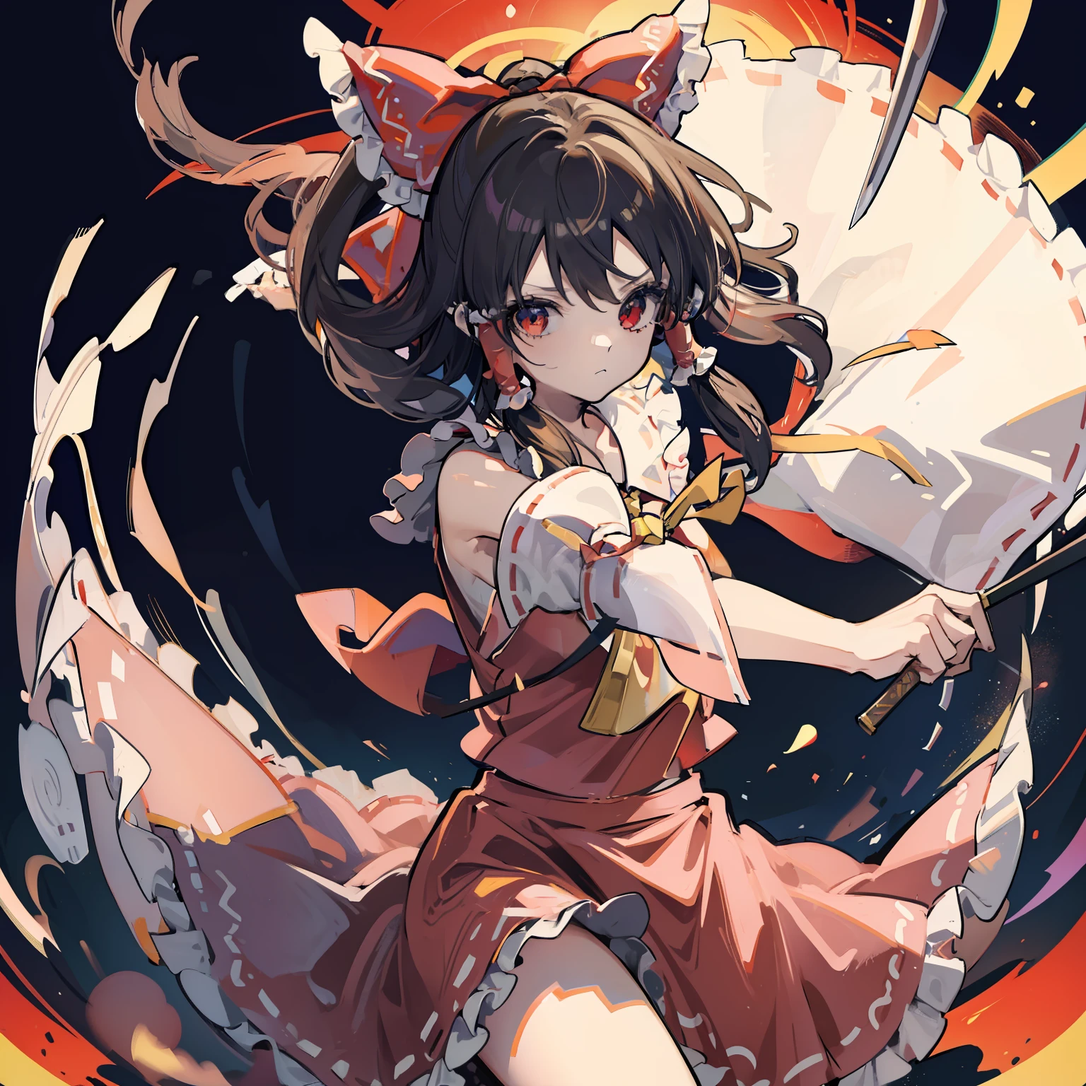 Anime photo with 100 dagger knives overhead Knife kills everything, 1girl in, reimu hakurei, Solo, Hair Bow, Bow, Detached sleeves, hair tubes