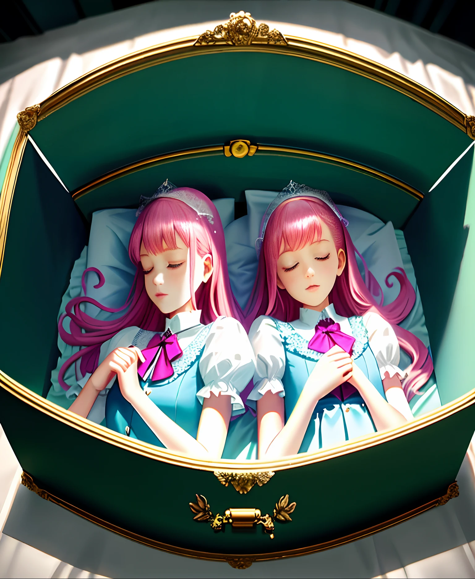 Beautiful twin sisters sleeping in a coffin,Evening wear,White cotton socks,The older sister wears Blue Mary Jane shoes,The younger sister wears pink Mary Jane shoes,Real Human,serene,florals,Royal Sister,A masterpiece of surrealism,Cute, Perfect body, Perfect hair, In the mansion, 8K, fold hands to chest,Detailed and Intrincicate,long leges