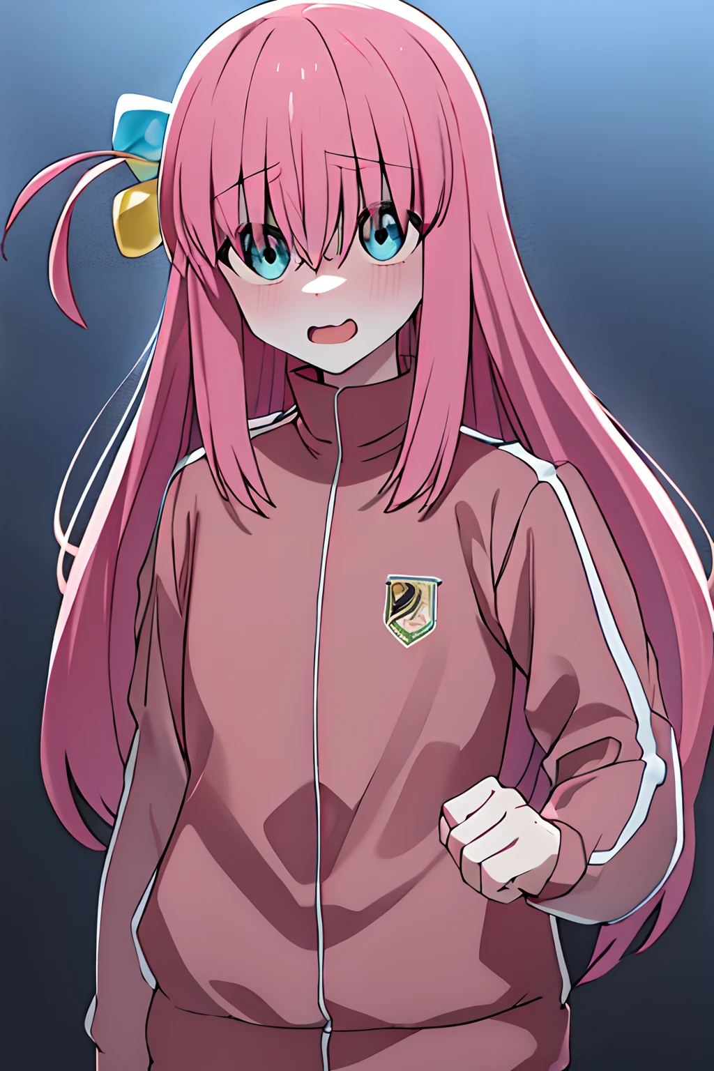 obra maestra, mejor calidad, highres, gotou1, gotou hitori, solo, chaqueta rosa, tracksuit, flequillo, pelo entre ojos, mangas largas, (Unfriendly face: 1.2), upper_body, boca ondulada, gota de sudor, boca abierta, enojada, tembloroso, al aire libre,