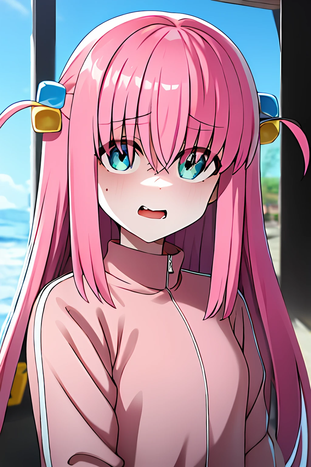 obra maestra, mejor calidad, highres, gotou1, gotou hitori, solo, chaqueta rosa, tracksuit, flequillo, pelo entre ojos, mangas largas, (Unfriendly face: 1.2), upper_body, boca ondulada, gota de sudor, boca abierta, enojada, tembloroso, al aire libre,