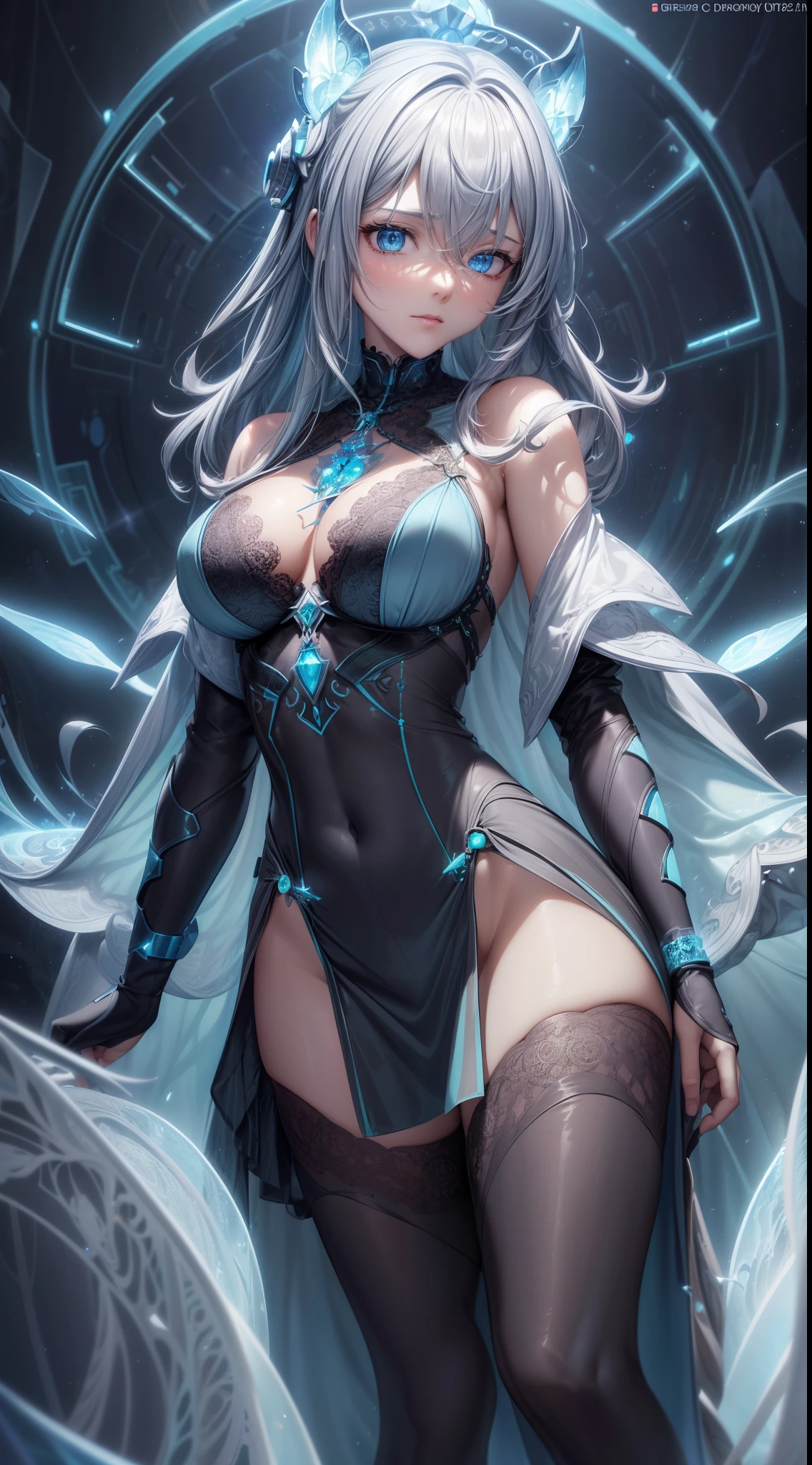 cyan futuristic fairy priestess girl in coverall armored suit (((skirt))) (((robe))) with relic pendant necklace, (layered robe), magic, ((lacy)), futurism, cyberpunk, silk, fur, (stockings), natural breasts, slim body, zettai ryouiki, ((((medium length dull hair)))), dull hair, (beautiful detailed bright light eyes), portrait, (beautiful and aesthetic:1.2, fractal art:1.4), most realistic, hyper-realistic, RAW, highest quality, best quality, Detailed, Realistic, 4k highly detailed digital art, octane render, bioluminescent, (cool_color), best pixels, 8k ultra, extremely detailed CG unity 8k wallpaper, cinematic lighting