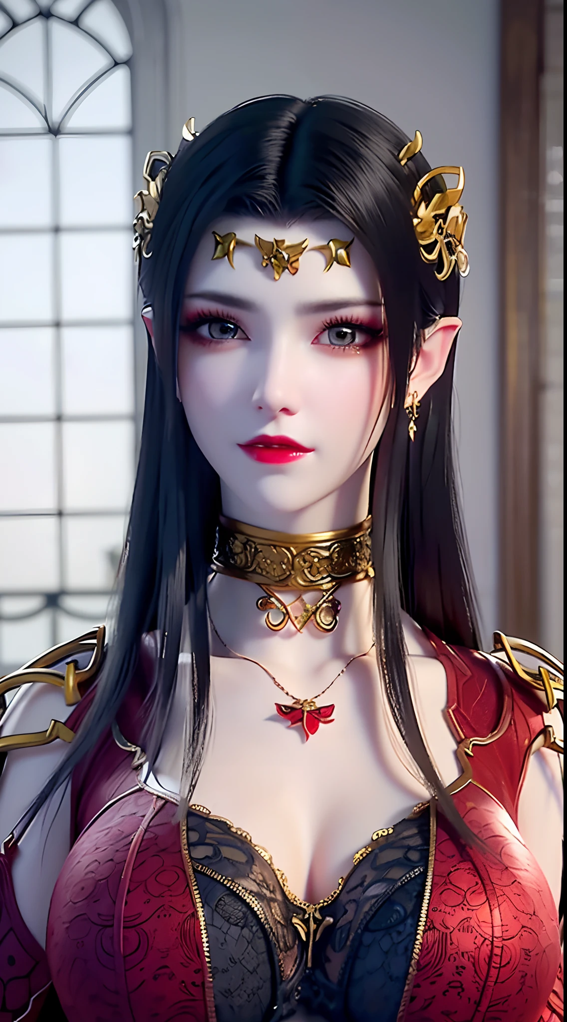 1 very beautiful queen medusha in hanfu dress, thin red silk shirt with many yellow motifs, black lace top, long hair dyed black, beautiful hair jewelry, pretty face pretty and cute, perfect face, earring jewelry, light purple rabbit ears, antique jewelry, big red eyes, sharp eye makeup, meticulous makeup eyelashes, thin eyebrows, nose tall, pretty red lips, no smile, pursed lips, rosy cheeks, breast augmentation, wide breasts, big breasts, well-proportioned breasts, slim waist, red mesh stockings with black lace, Chinese hanfu style, fictional art patterns, colors vivid and realistic, RAW photos, realistic photos, ultra-high quality 8k surreal photos, cool photos, (virtual lighting effects: 1.8), 10x pixels, magic effects (background): 1.8), super detailed eyes, beautiful girl body portrait, girl alone, ancient hanfu background, looking directly at the audience, wide original photo, 8k quality, super sharp, detailed and clear picture best, detailed light background,