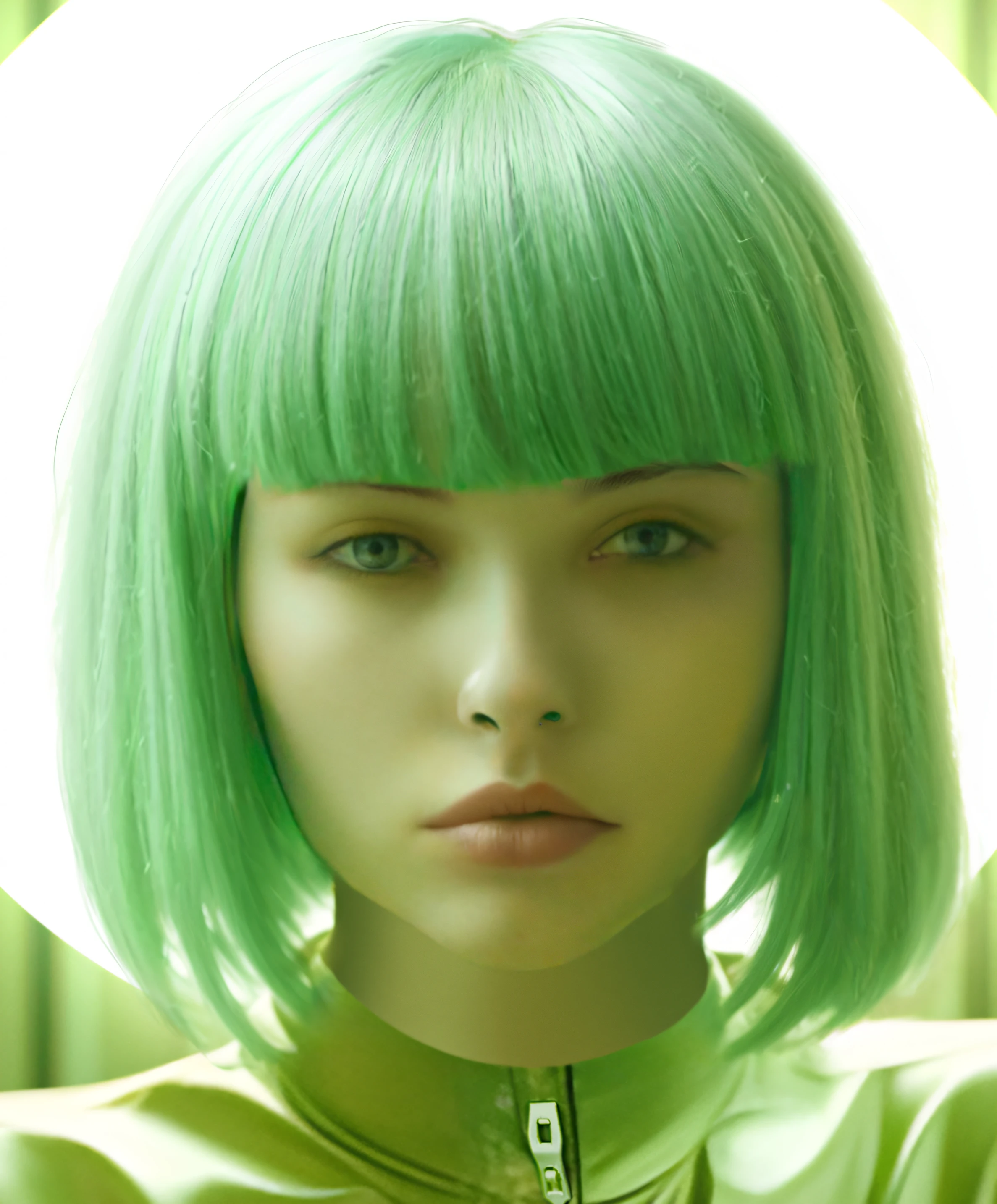 There is a woman with green hair and a bird on her arm, Bobcut verde corto, Elle Fanning como androide, Mod peluca bob verde, Pelo corto y verde, cabello verde, Pale green glow, Tono verde, Aspecto futurista, Sci - Fi Look, Alejandra Fomina, cabello verde brillante, as a retrofuturistic heroine, Verde pastel, futuristic, sci fi style