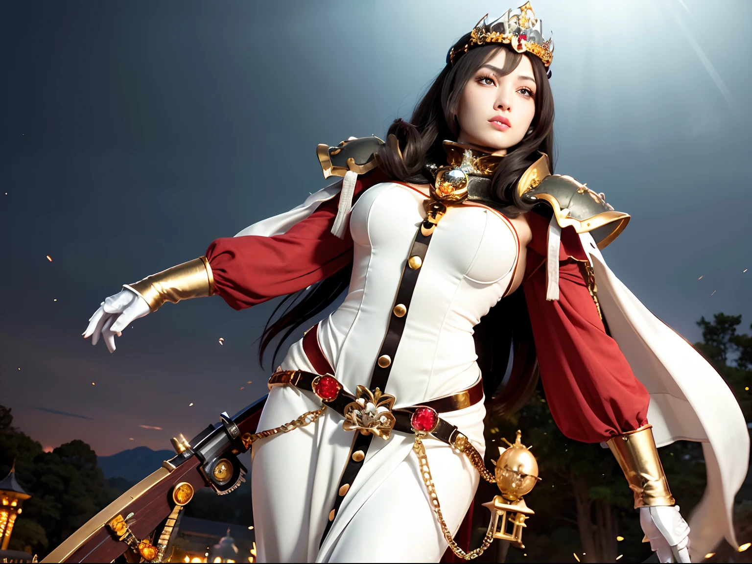 (masutepiece), Professional , masterpiece、top-quality、photos realistic , depth of fields (Gemstone Silver Metal Body:1.9),(Matte White、Particles of light、Jewel Gold Weapon、(Gorgeous castle background)、(Jewel Metal Body:1.4),Gorgeous Jewel Metal Weapons , Detailed Sword of the Brave ,( Soldier background in metal armor) ,warhammer 40k , adepta sororitas,Detail and ornate jewel crown、独奏、Brown hair、(Gangle's forest background)、Beautiful Caucasian beauty、1a person、dynamic ungle,(((Diamond tiara with detail and luxury)))、a small face、A smile、Powerful poses、(Gorgeous castle background)、huge filesize、20 year old beautiful woman、Stand in the center of the screen、Thin female fingers、Seductive look、Straight long hair、